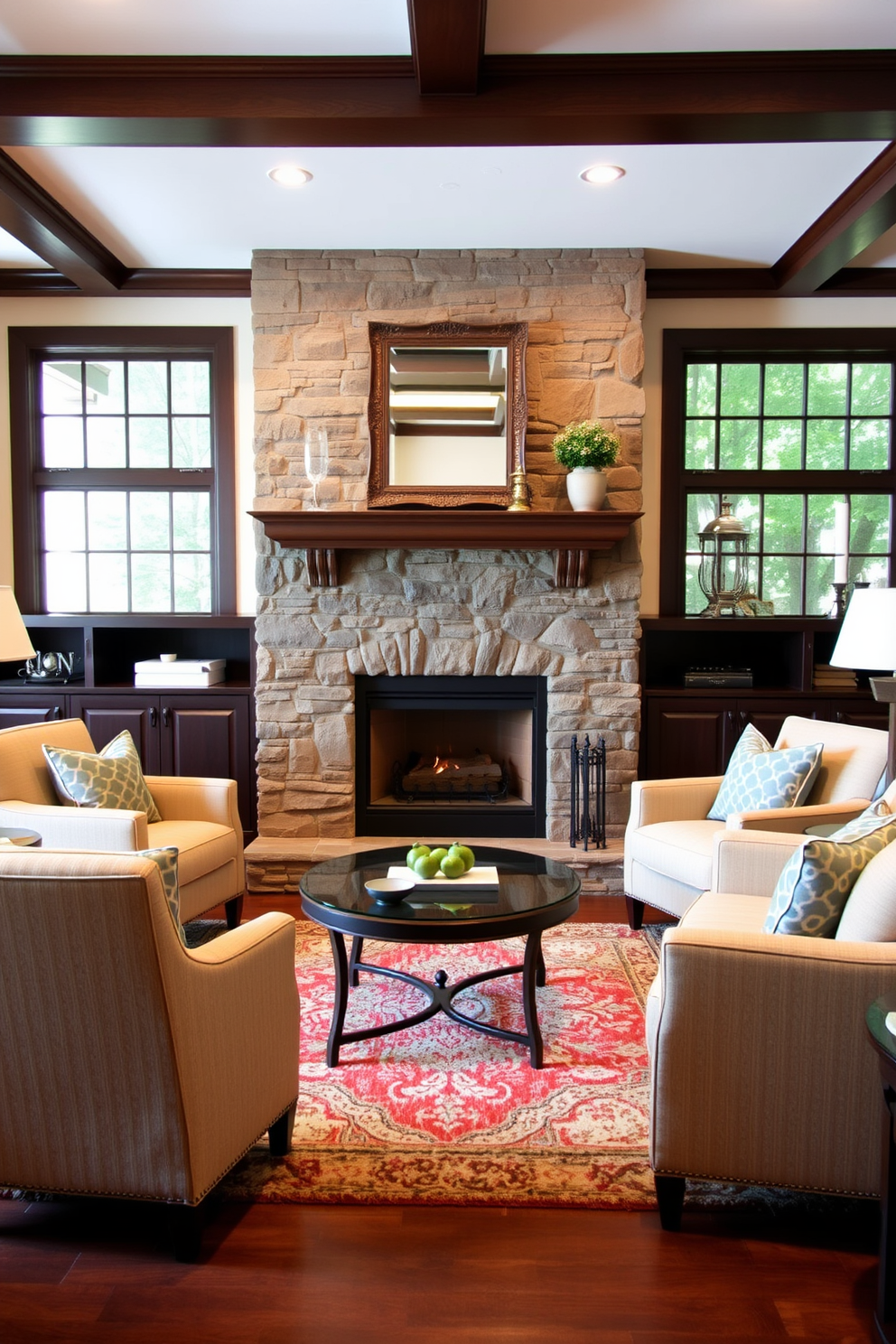 Comfortable armchairs flanking the fireplace create an inviting atmosphere in the family room. The fireplace is surrounded by a stone mantel, and a plush area rug anchors the seating arrangement.