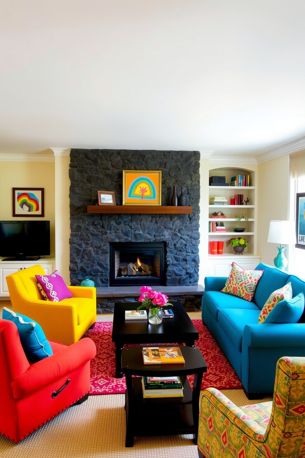 A cozy family room features a dark stone fireplace as the focal point. Brightly colored furniture, including a vibrant sectional sofa and cheerful accent chairs, create a warm and inviting atmosphere. The walls are painted in a soft cream hue, enhancing the room's brightness. Colorful artwork and decorative pillows add playful splashes of color throughout the space.