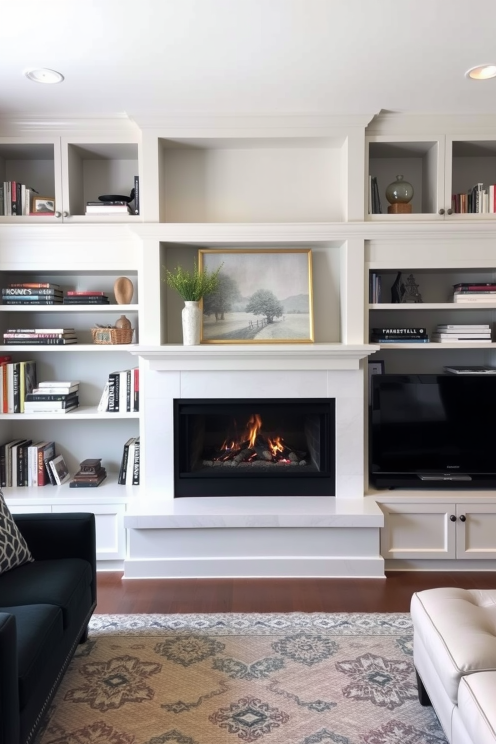 A cozy family room featuring built-in shelves that frame a modern fireplace. The shelves are filled with books and decorative items, creating an inviting atmosphere.