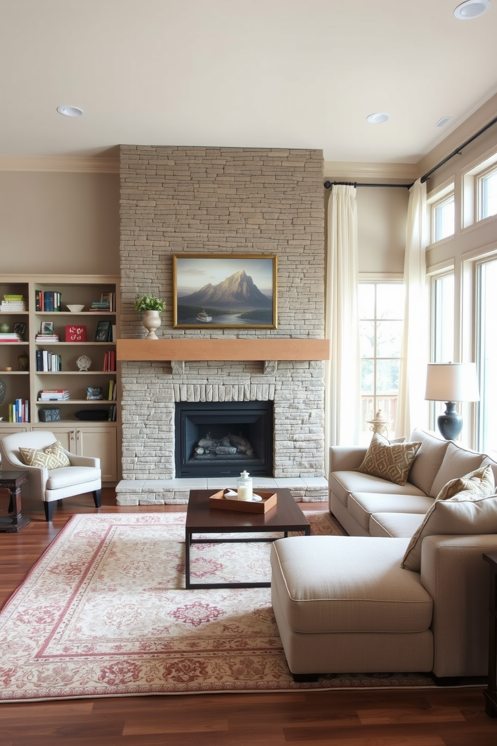 A cozy family room featuring a fireplace with a stacked stone surround. The room is adorned with a plush sectional sofa in neutral tones and a large area rug that adds warmth to the space. On either side of the fireplace, built-in shelves are filled with books and decorative items. Large windows allow natural light to flood the room, complemented by soft curtains that frame the view.