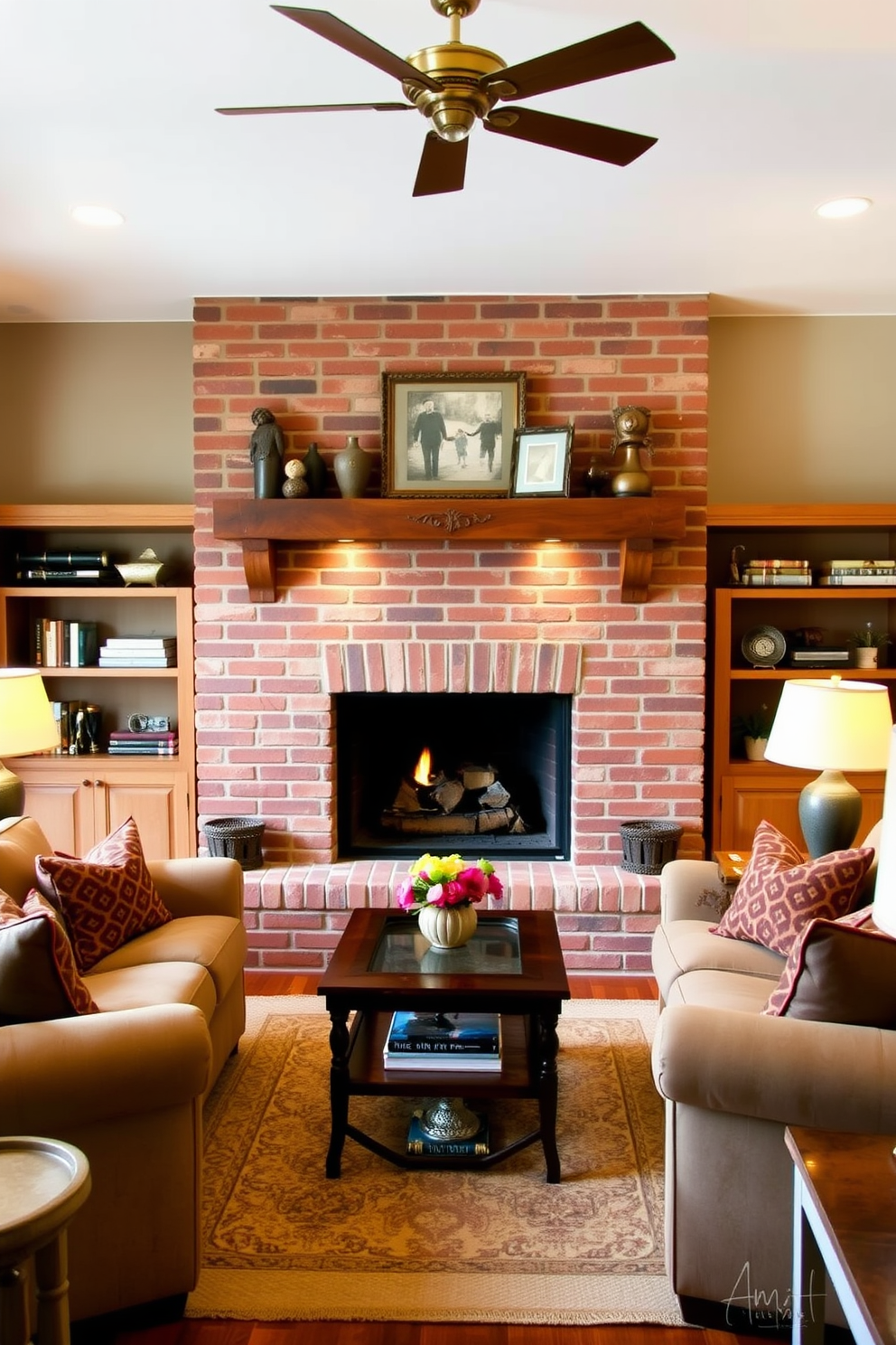 A cozy family room featuring a traditional brick fireplace as the focal point. The hearth is adorned with a rustic wooden mantel, showcasing decorative items and family photos. Plush seating arrangements are positioned around the fireplace, creating an inviting atmosphere. Warm, earthy tones dominate the color palette, complemented by soft lighting from table lamps and overhead fixtures.