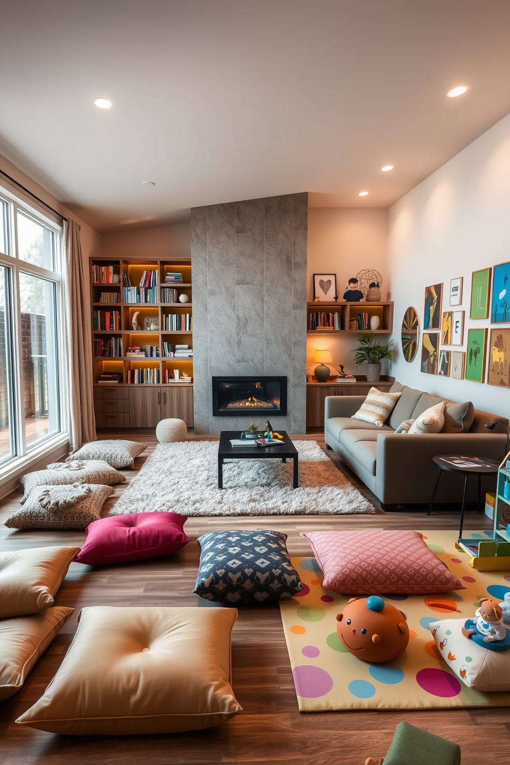 Cozy reading nook with floor cushions. Soft, warm lighting creates an inviting atmosphere, with a plush area rug underfoot and a large window allowing natural light to flood the space. Family room designed for relaxation and entertainment. A large sectional sofa faces a modern fireplace, with a coffee table in the center and shelves filled with books and decorative items lining the walls. Playroom design ideas that inspire creativity and fun. Brightly colored walls are adorned with playful artwork, and various activity zones feature soft play mats, storage for toys, and a small table for arts and crafts.