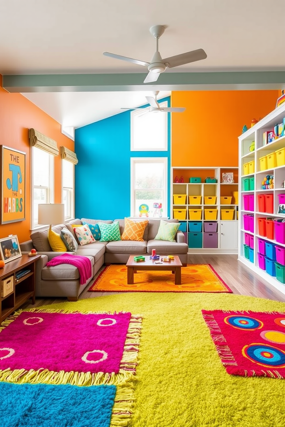 Bright rugs to define play zones in a family room with playful and vibrant colors. The room features a cozy seating area with a sectional sofa, surrounded by cheerful artwork and playful decor elements. The playroom is designed with soft, durable flooring and includes a variety of toys and games. Shelving units are filled with colorful bins to keep the space organized and inviting for children.