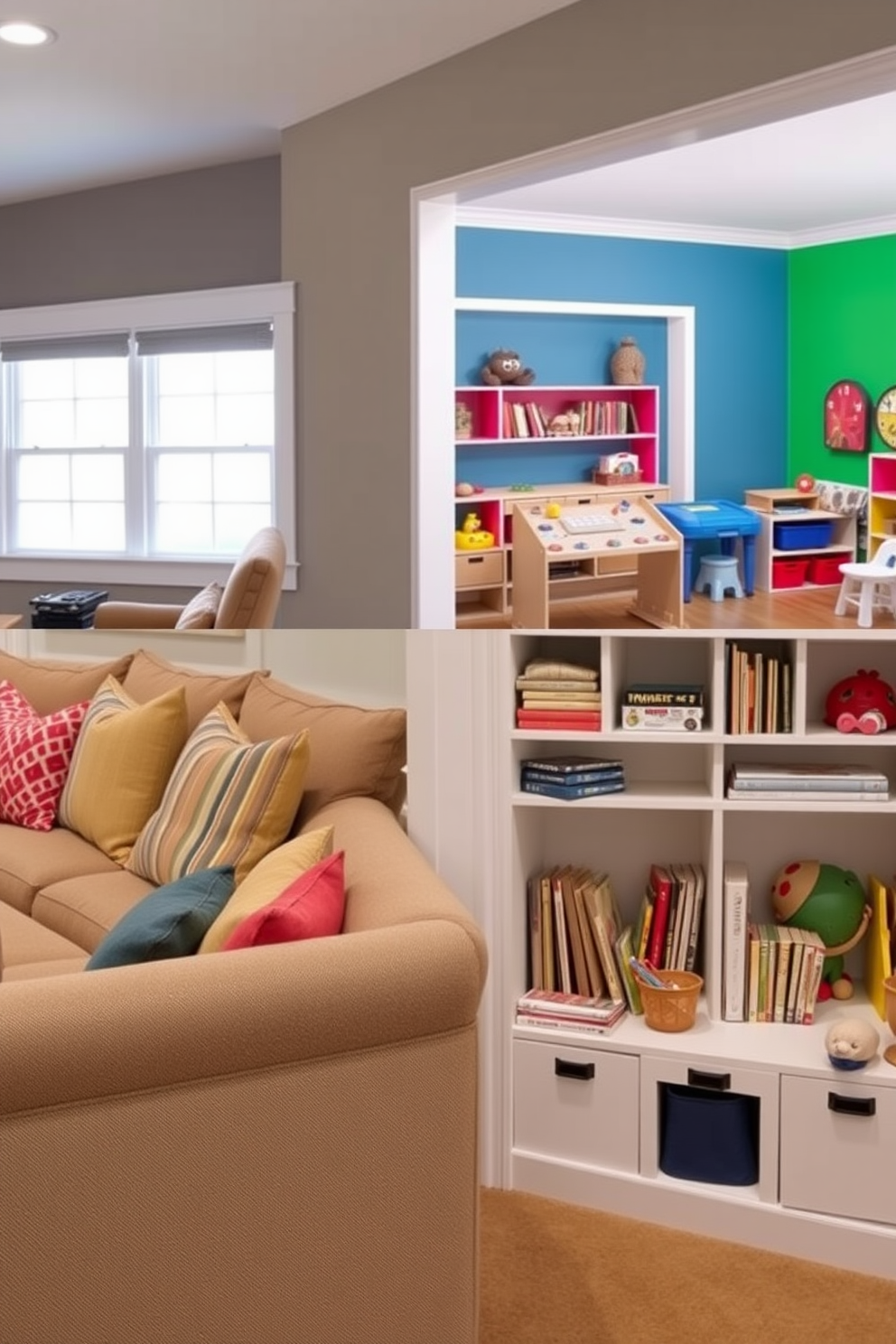 A cozy family room features built-in benches along the walls, providing ample seating and hidden storage beneath the cushions. The benches are upholstered in a soft fabric, and colorful throw pillows add a playful touch to the space. In the playroom, vibrant wall colors create an inviting atmosphere, while the built-in benches serve as a perfect spot for children to read or play. The storage compartments are filled with toys and books, keeping the area tidy and organized.