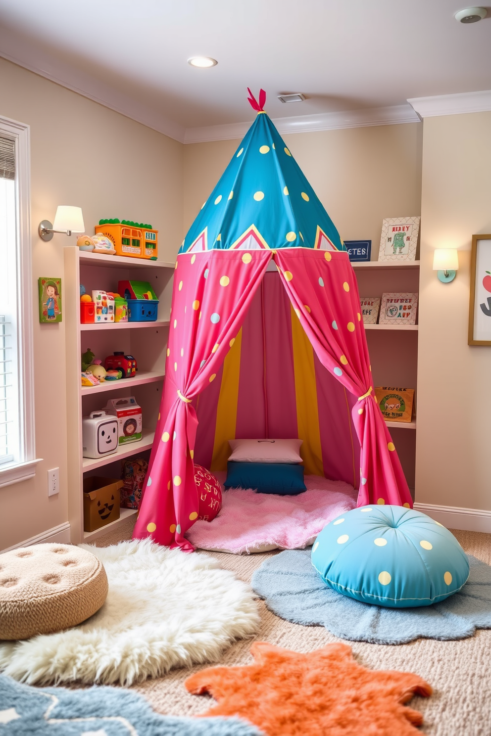 A cozy family room designed for imaginative adventures features a vibrant play tent in the corner, adorned with colorful patterns and soft cushions inside. Surrounding the tent, there are plush rugs and a variety of toys neatly organized on open shelves, creating an inviting and playful atmosphere. The walls are painted in soft pastel colors, enhancing the cheerful vibe of the space. Soft lighting fixtures and playful artwork add to the whimsical feel, making it a perfect retreat for children to explore their creativity.