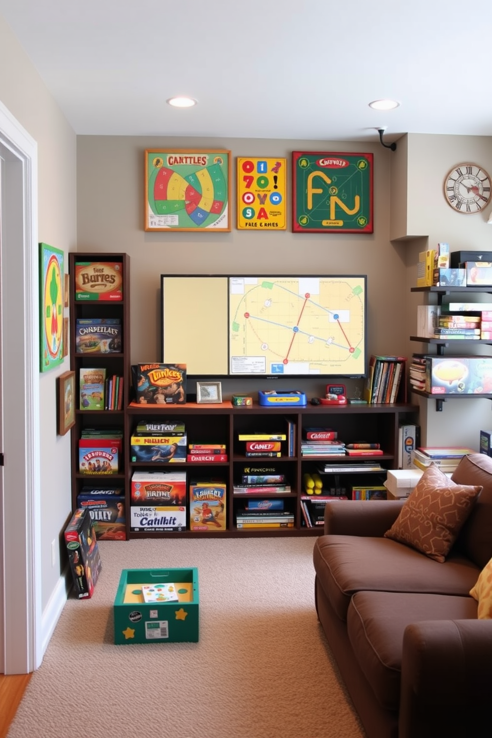 A cozy family room playroom features wall-mounted games that maximize space while providing endless entertainment. The walls are adorned with colorful game boards and shelves filled with various board games, creating an inviting and playful atmosphere.