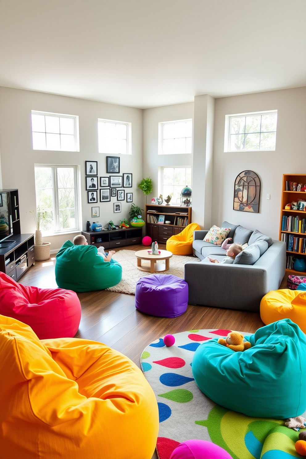 A cozy relaxation corner featuring colorful bean bags in various sizes. Soft natural light filters through large windows, creating a warm and inviting atmosphere. The family room is designed with a large sectional sofa facing a modern entertainment unit. A plush area rug anchors the space, while family photos adorn the walls for a personal touch. The playroom is vibrant and playful, filled with interactive toys and bright wall colors. A small reading nook with bean bags and shelves filled with books encourages creativity and learning.