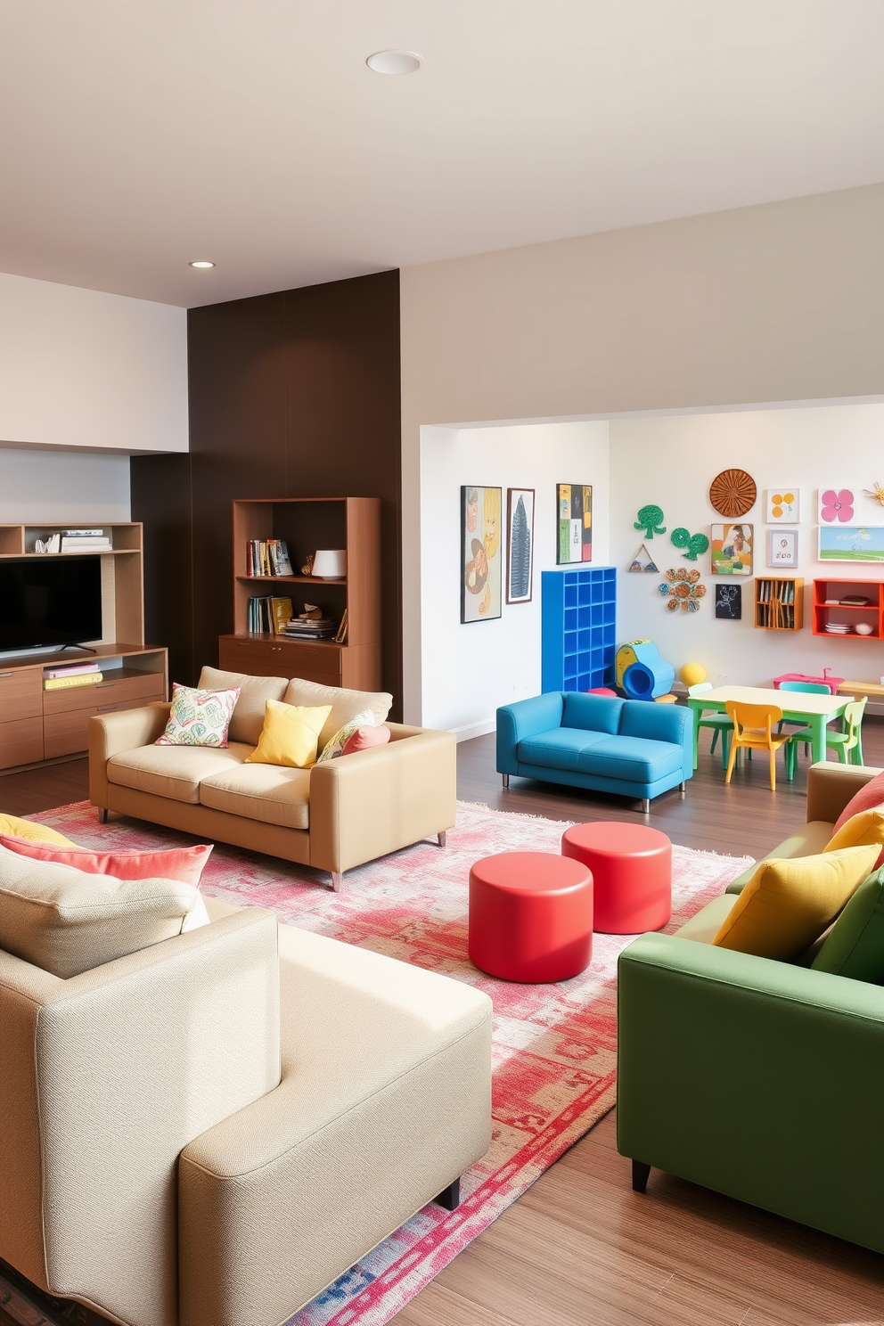 A spacious family room features modular furniture that can be easily rearranged to create different layouts. The color palette includes soft neutrals with pops of vibrant hues, enhancing the inviting atmosphere. In the playroom, versatile modular pieces allow for interactive spaces that adapt to various activities. Brightly colored furniture complements playful wall art, creating an engaging environment for children.