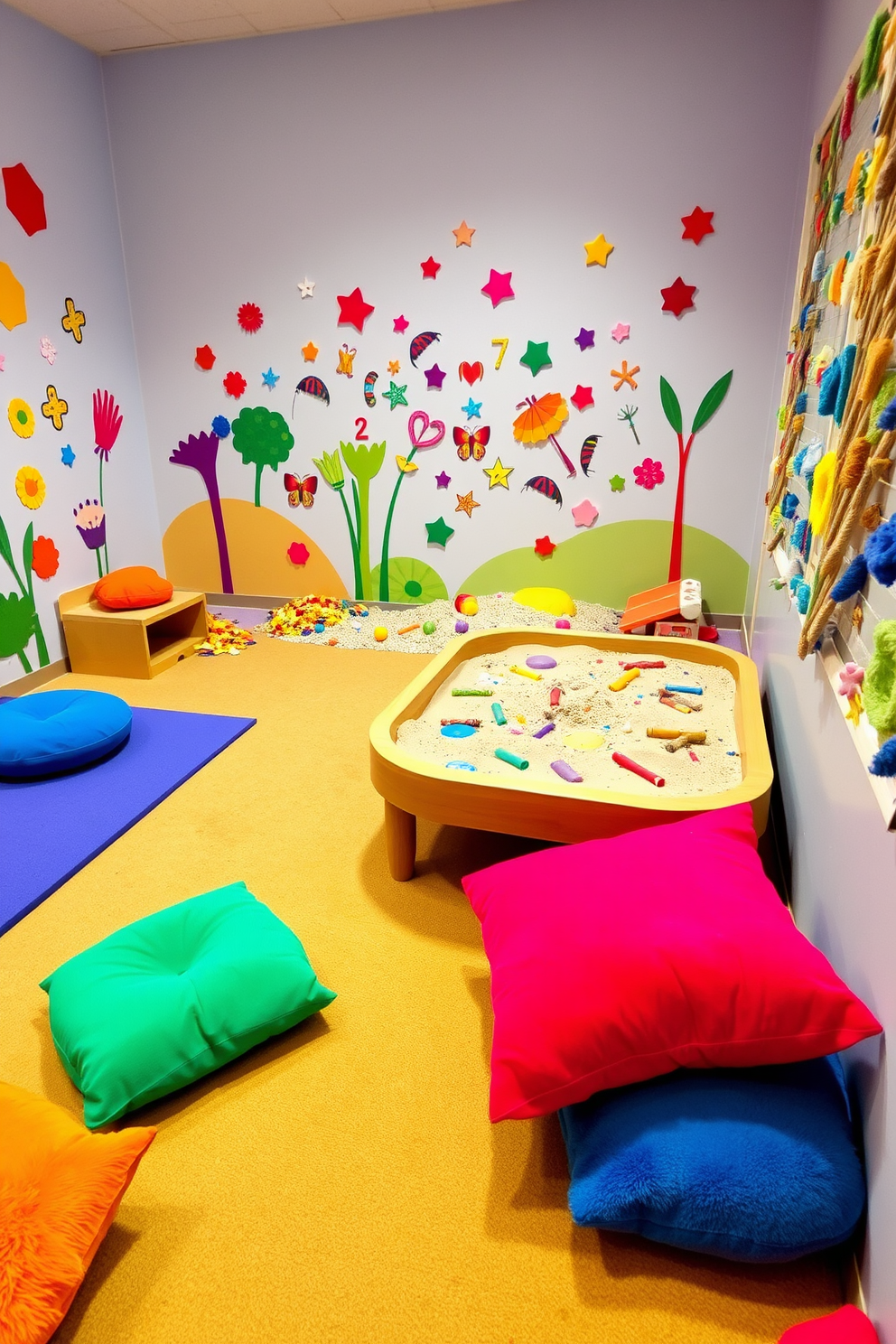 A vibrant sensory play area filled with various textures and colors. Soft mats cover the floor, while colorful wall decals create an engaging atmosphere. In one corner, a large sensory table is filled with sand, water, and different tactile materials. Plush cushions in bright hues are scattered around for comfortable seating and play.