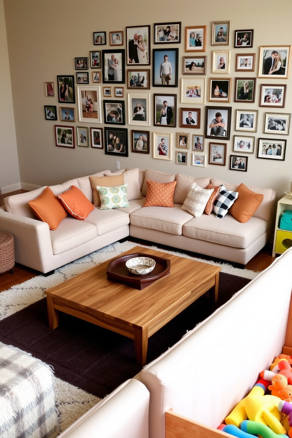 A family photo gallery adorns the wall, showcasing cherished memories in a variety of frames. The arrangement is thoughtfully curated to create a warm and inviting atmosphere. The family room features a cozy sectional sofa in soft neutrals, accented by colorful throw pillows. A large coffee table sits in the center, surrounded by plush area rugs that add texture and warmth. The playroom is designed with vibrant colors and playful patterns to stimulate creativity. Soft seating options and storage solutions are integrated to keep the space organized and functional.