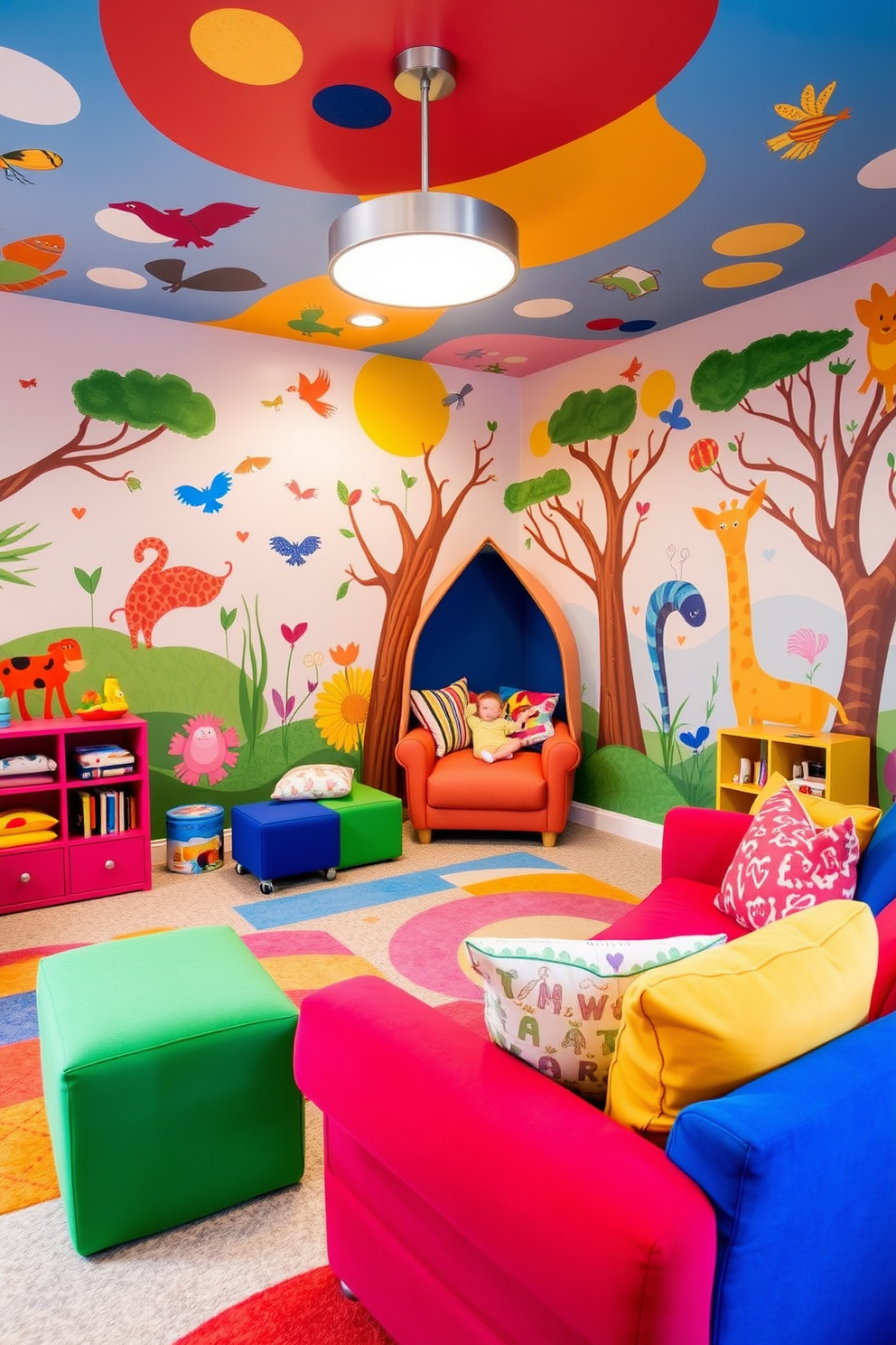 A vibrant family room playroom filled with colorful wall murals that inspire creativity and imagination. The walls are adorned with whimsical designs featuring animals, nature, and abstract shapes, creating an engaging environment for children. Brightly colored furniture complements the murals, with plush seating and playful accents scattered throughout the space. A cozy reading nook is nestled in one corner, inviting kids to explore their favorite stories in a fun and dynamic setting.