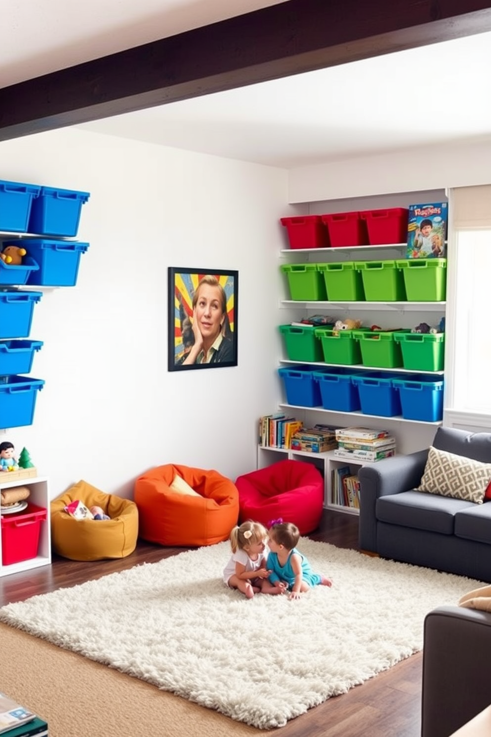 Color-coded storage bins are neatly arranged along the wall, providing an organized and visually appealing solution for toys and games. The bins are in vibrant colors like blue, red, and yellow, enhancing the playful atmosphere of the family room. In the center of the room, a soft area rug creates a comfortable play space for children. Cozy seating options, such as bean bags and a small sofa, invite relaxation and family bonding time.