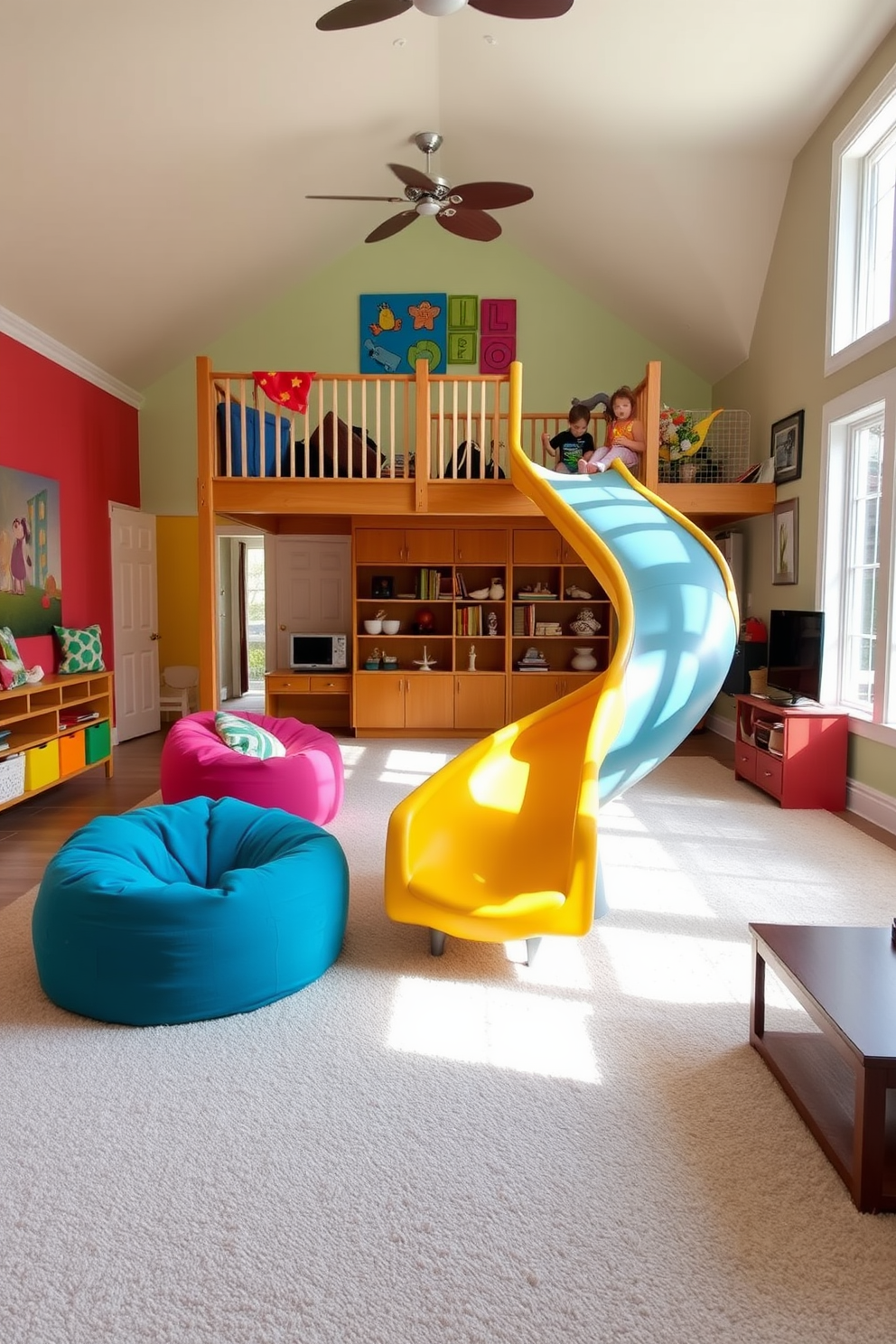 A playful family room features a slide integrated into the design, creating a fun and interactive space for children. The room is filled with colorful furniture, including bean bags and a soft play area, with bright wall art that stimulates creativity. The slide curves gracefully from a lofted play area, leading down to a plush carpet. Natural light floods the room through large windows, enhancing the cheerful atmosphere and inviting family gatherings.