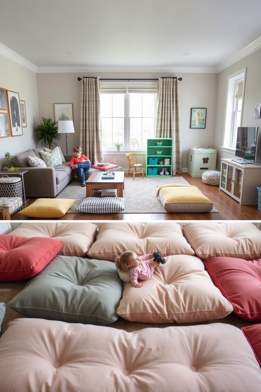 Cozy floor cushions are scattered throughout the family room, inviting relaxation and casual gatherings. The cushions come in a variety of colors and patterns, enhancing the playful atmosphere of the space. In the playroom, oversized floor cushions create a welcoming area for children to sit and play. The cushions are designed with soft, durable fabrics that are easy to clean and maintain.