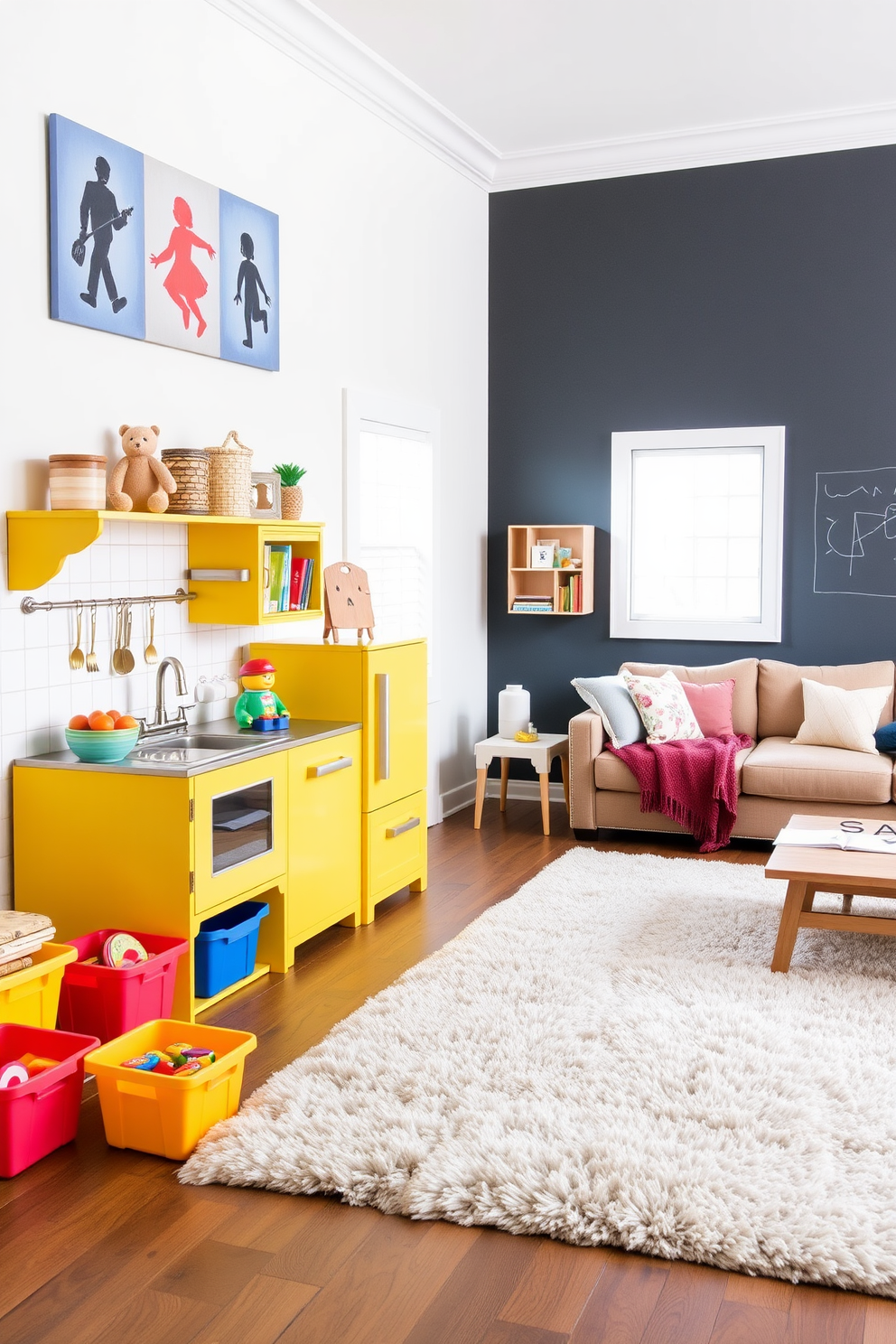 A playful kitchen setting designed for interactive role play. The kitchen features a bright yellow play kitchen set with a mini stove, sink, and refrigerator, surrounded by colorful storage bins filled with pretend food and cooking utensils. The family room is designed with comfort and fun in mind. A large, plush area rug anchors the space, while a cozy sectional sofa is paired with oversized cushions and a low coffee table for games and activities. The playroom is filled with creative design ideas to inspire imagination. Wall-mounted shelves display books and toys, and a chalkboard wall invites kids to draw and express their creativity freely.