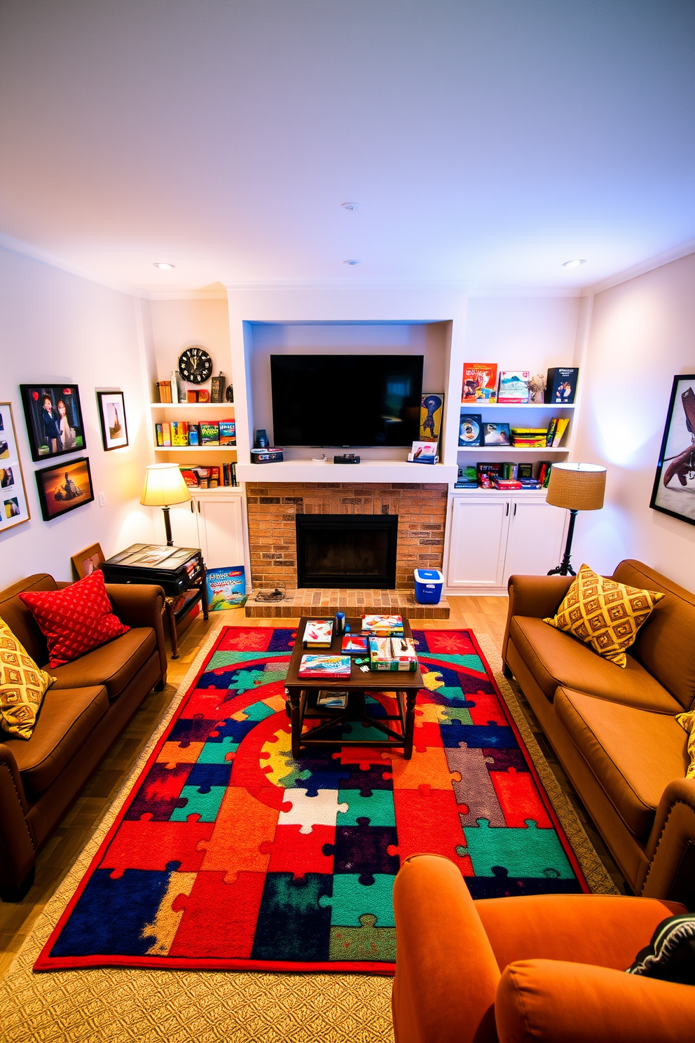 A vibrant family room designed as a puzzle and game station. The space features a large, colorful area rug in the center, surrounded by comfortable seating and a coffee table filled with board games. The walls are adorned with playful artwork and shelves stocked with puzzles and games. Soft lighting creates a cozy atmosphere, making it an inviting spot for family fun and togetherness.