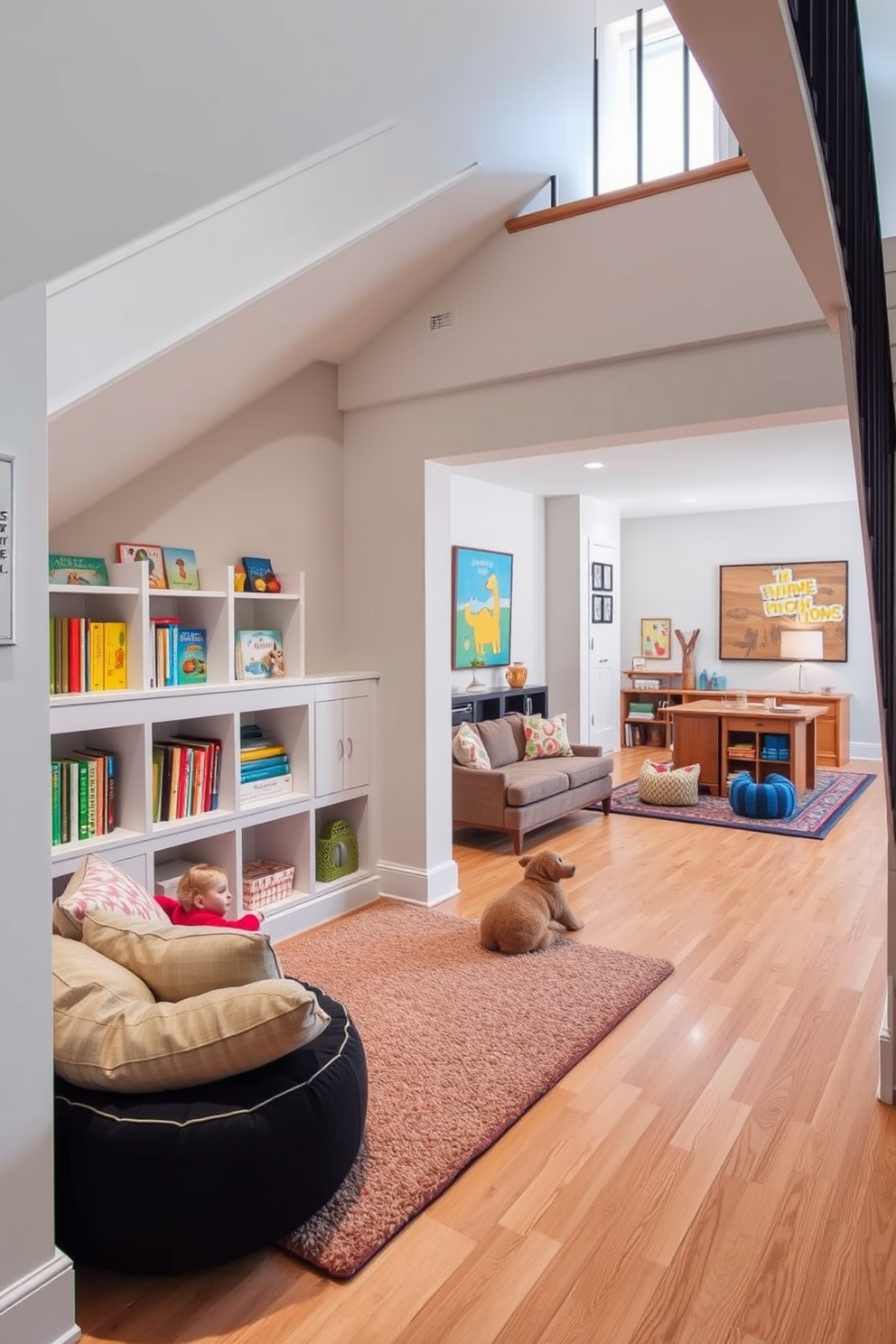 A cozy under-the-stairs play nook features built-in shelving filled with colorful books and toys. Soft cushions and a small rug create a comfortable space for children to read and play. The family room is designed with an open layout that encourages interaction and relaxation. A large sectional sofa is paired with a playful coffee table, while vibrant artwork adorns the walls to inspire creativity. The playroom incorporates a variety of zones for different activities. A craft area with a large table and storage for supplies complements a reading corner with bean bags and a small bookshelf.