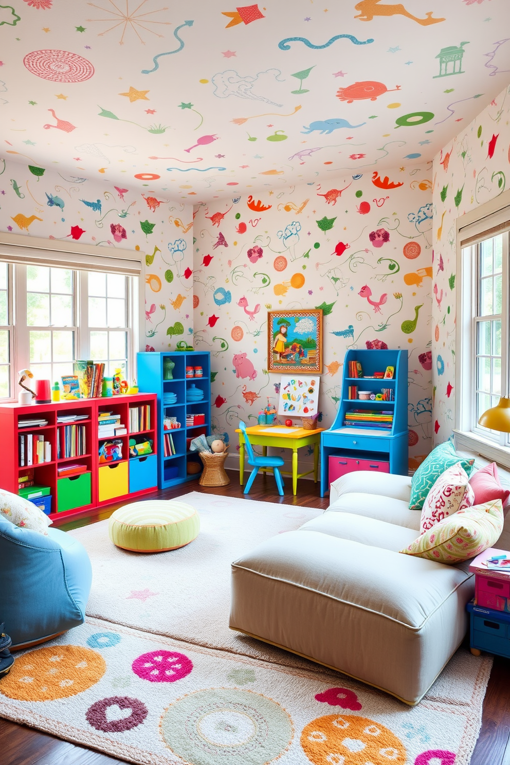 A family room playroom filled with playful wallpaper that features bright colors and whimsical patterns. The space includes a cozy seating area with oversized cushions and a large area rug that invites fun and creativity. In one corner, a colorful bookshelf is stocked with toys and games, while a small art station encourages creativity. Large windows allow natural light to flood the room, enhancing the vibrant atmosphere.