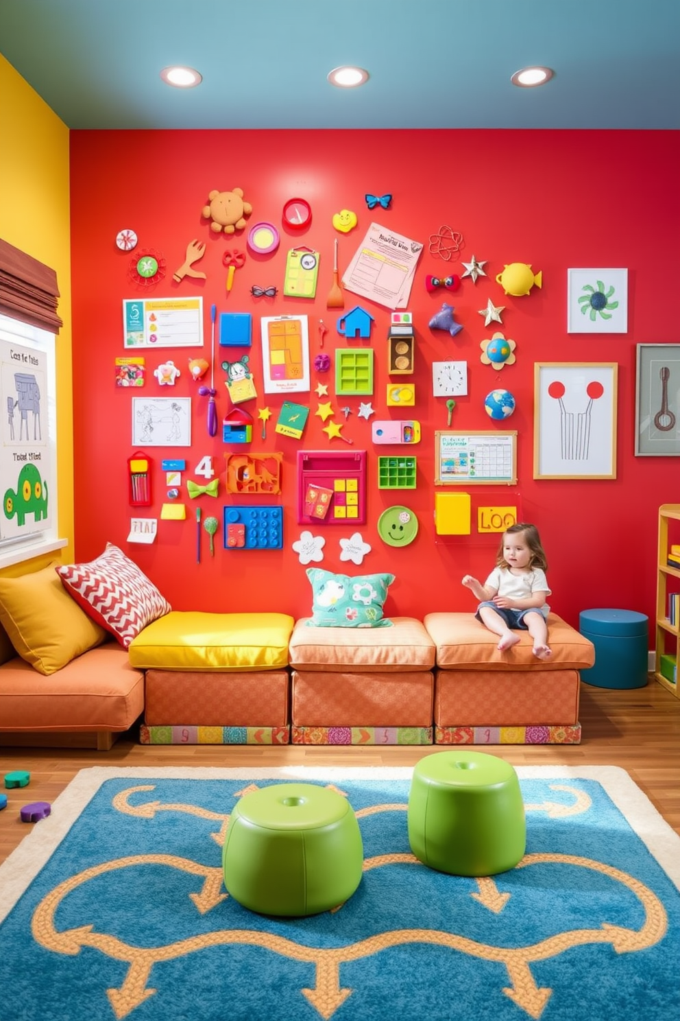 A magnetic wall designed for educational activities is the focal point of the family room playroom. It features a vibrant color scheme with large, colorful magnets and educational tools that encourage interactive learning. The space includes comfortable seating with plush cushions for relaxation and play. Brightly colored rugs and playful artwork adorn the walls, creating an inviting atmosphere for both children and adults.