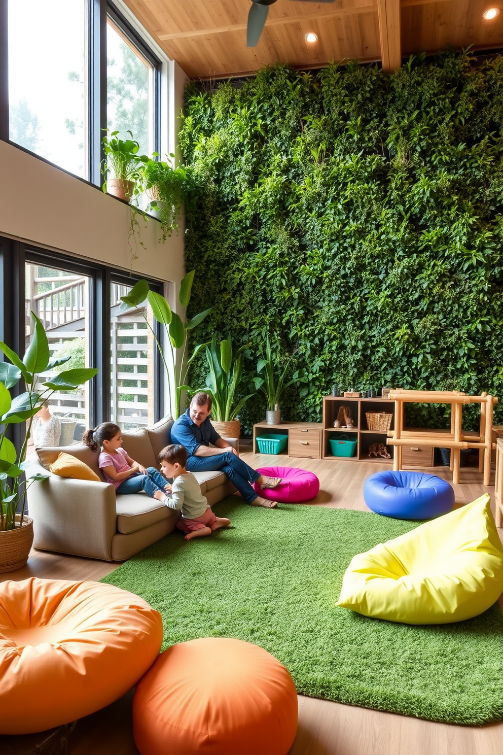 A family room designed with outdoor-inspired elements features large windows that invite natural light and fresh air. The space is adorned with greenery, including potted plants and a living wall, creating a serene atmosphere. The playroom is filled with playful colors and textures that mimic nature, such as a grassy rug and wooden play structures. Brightly colored cushions and bean bags provide comfortable seating for children, encouraging creativity and exploration.