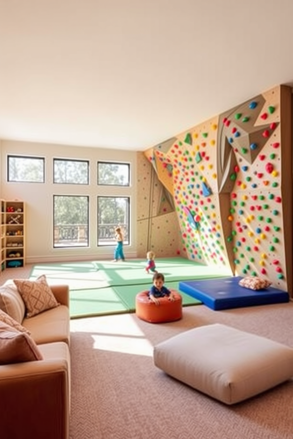 A vibrant family room playroom features a stunning indoor climbing wall that stretches across one wall, designed with colorful holds and safety mats below. The room is filled with natural light from large windows, and plush seating areas are arranged for relaxation and playtime.