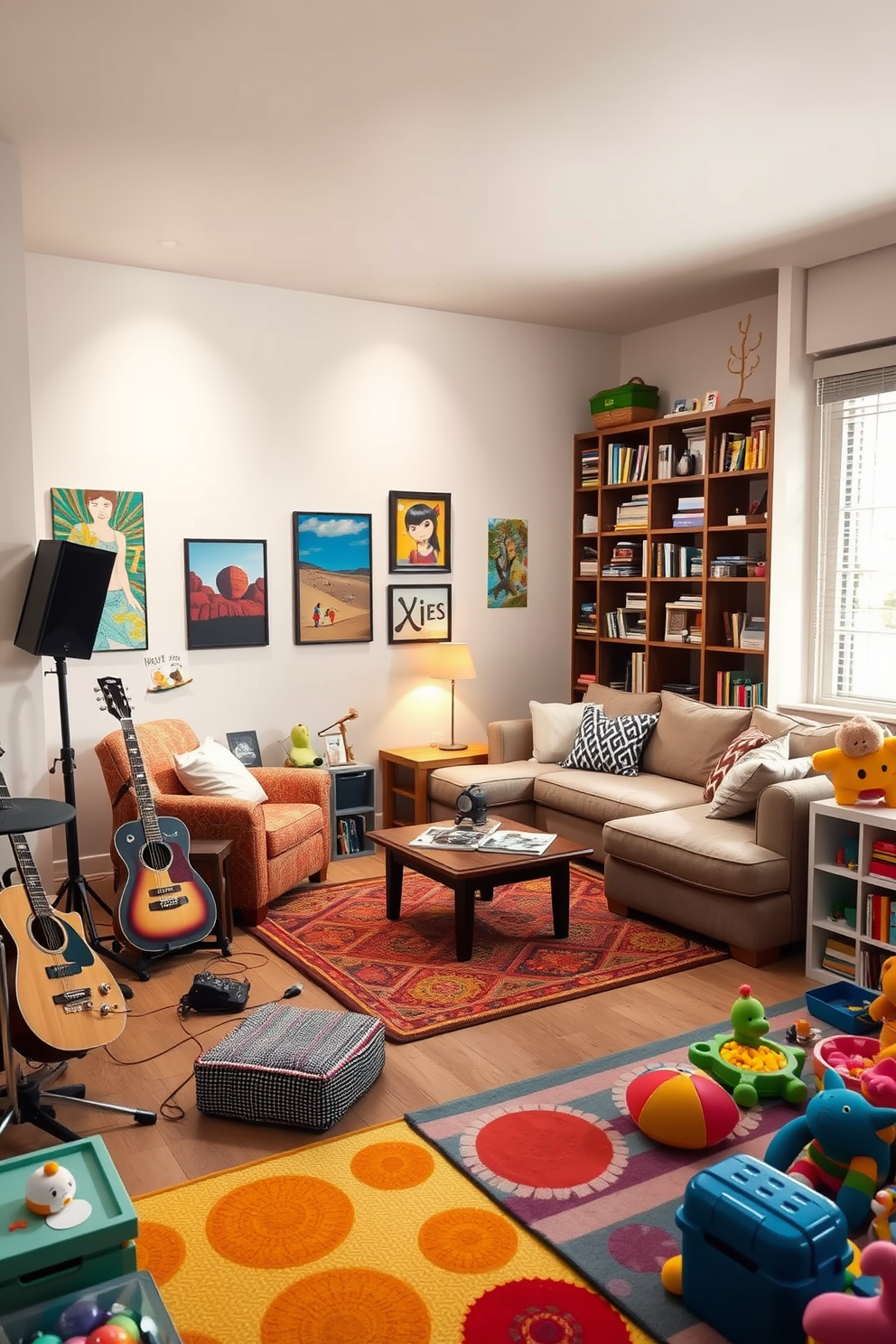 A cozy music corner designed for creativity features a comfortable armchair surrounded by various musical instruments including a guitar, keyboard, and a set of drums. Soft lighting illuminates the space, and colorful artwork hangs on the walls, inspiring artistic expression. The family room is a warm and inviting space with a large sectional sofa adorned with plush throw pillows. A coffee table sits in the center, surrounded by bookshelves filled with family photos and favorite books, creating a perfect gathering spot. The playroom is a vibrant and playful environment designed for children to explore and create. Colorful rugs cover the floor, and shelves are filled with toys, art supplies, and games, encouraging imaginative play and learning.