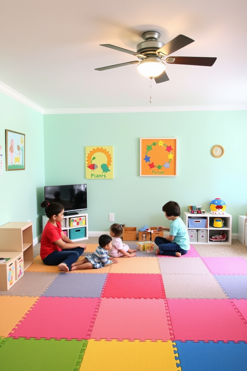 A cozy family room designed for a play area features soft, colorful play mats that provide a safe surface for children to play. The walls are painted in a cheerful pastel color, and bright, playful artwork adorns the space, creating an inviting atmosphere for family activities.