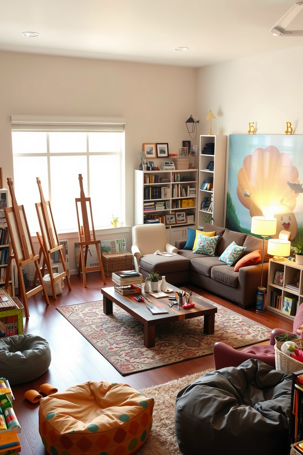 Art station with easels and supplies. The space features several wooden easels set up against a bright, sunlit wall with large windows. Various art supplies are neatly organized on shelves, including paints, brushes, and canvases. A comfortable chair is placed in the corner for relaxation and inspiration. Family room with a cozy atmosphere. The room includes a large sectional sofa adorned with colorful throw pillows and a plush area rug. A coffee table made of reclaimed wood sits in the center, surrounded by bookshelves filled with family photos and games. Soft lighting from table lamps creates a warm and inviting ambiance. Playroom design ideas that encourage creativity. The area is filled with vibrant colors, featuring a large mural on one wall and a variety of interactive toys scattered throughout. A low table with art supplies invites children to engage in creative activities, while cozy reading nooks are created with bean bags and cushions. Storage solutions are integrated to keep the space organized and clutter-free.