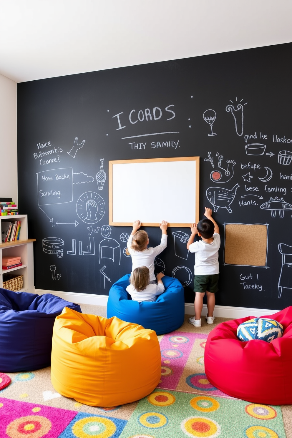 A vibrant family room playroom features an interactive chalkboard wall where children can express their creativity. The space is filled with colorful bean bags and playful rugs, creating a fun and inviting atmosphere for family activities.