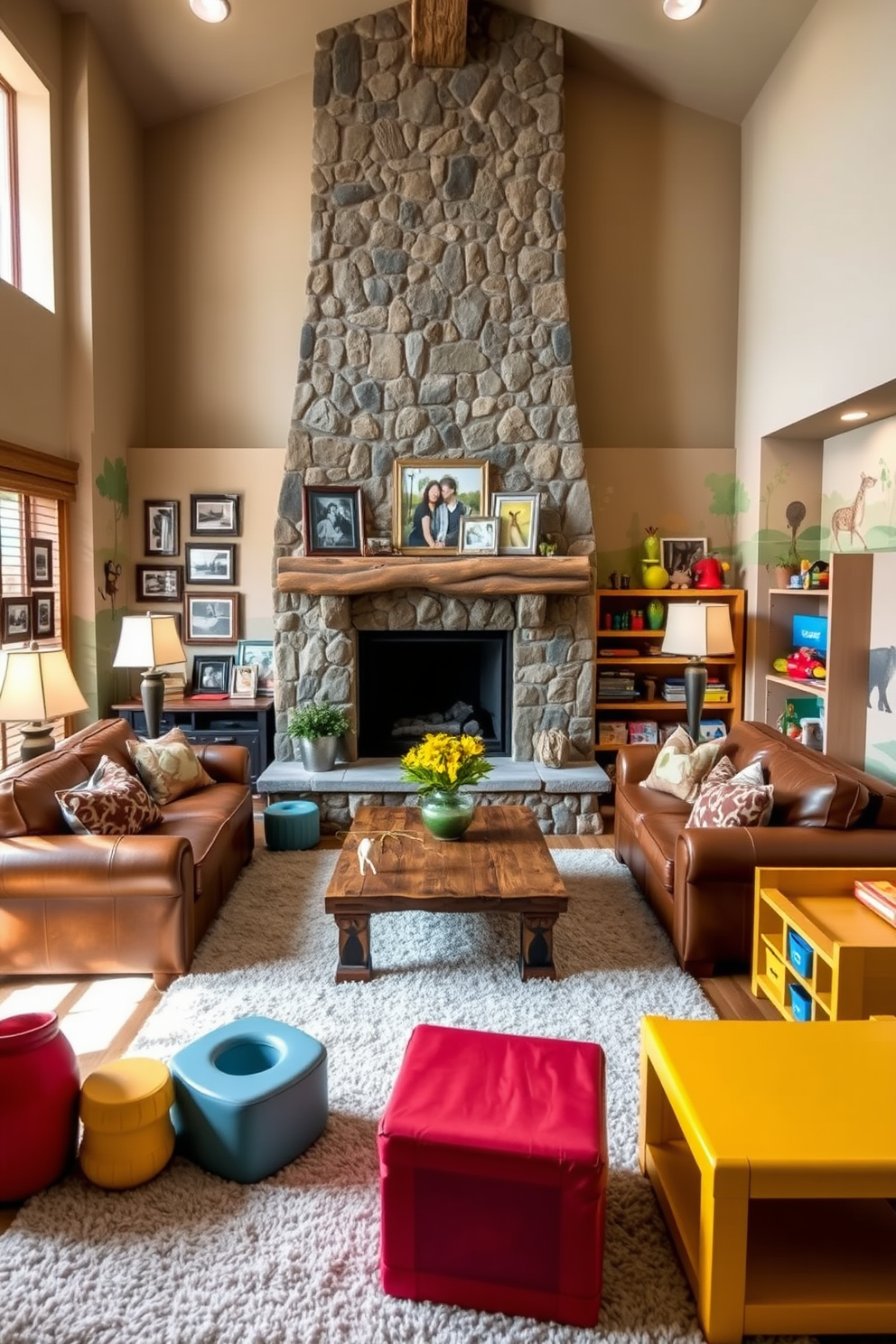 A cozy family room with a rustic theme. The space features a large stone fireplace as the focal point, surrounded by comfortable leather sofas and a reclaimed wood coffee table. Warm, earthy tones dominate the color palette, complemented by soft lighting from vintage-style lamps. A collection of family photos in wooden frames adorns the walls, adding a personal touch to the inviting atmosphere. An imaginative playroom designed for creativity and fun. The room is filled with colorful, modular furniture that encourages play and exploration. Bright murals of animals and nature cover the walls, creating an engaging environment for children. A soft, plush rug provides a comfortable area for play, while shelves filled with toys and books invite hours of entertainment.