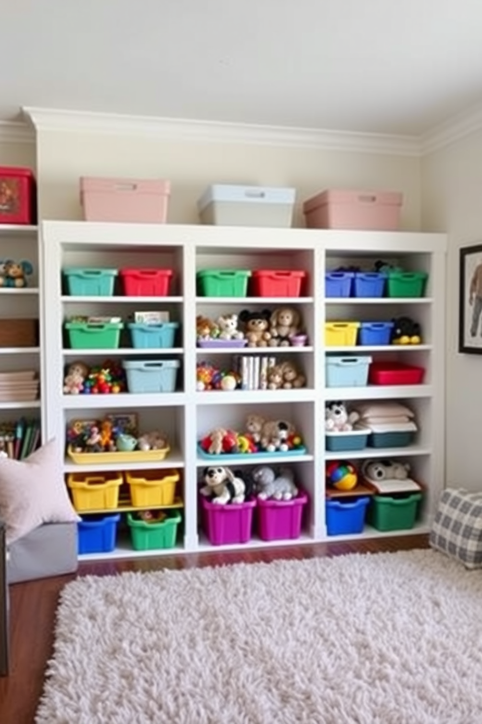 A cozy family room playroom features open shelving filled with colorful bins for easy toy access. The walls are painted in a soft pastel hue, and a plush area rug adds warmth to the space.