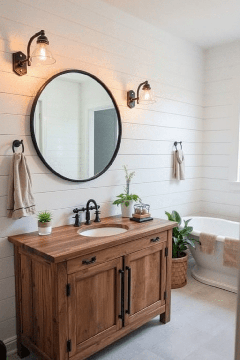 A wooden vanity with industrial accents features a distressed finish and black metal hardware. Above the vanity, an oversized round mirror with a black metal frame reflects the warm light from vintage-style sconces on either side. The walls are painted in a soft white, complemented by shiplap paneling for a cozy farmhouse feel. A freestanding soaking tub sits in the corner, surrounded by potted greenery and rustic decor elements.