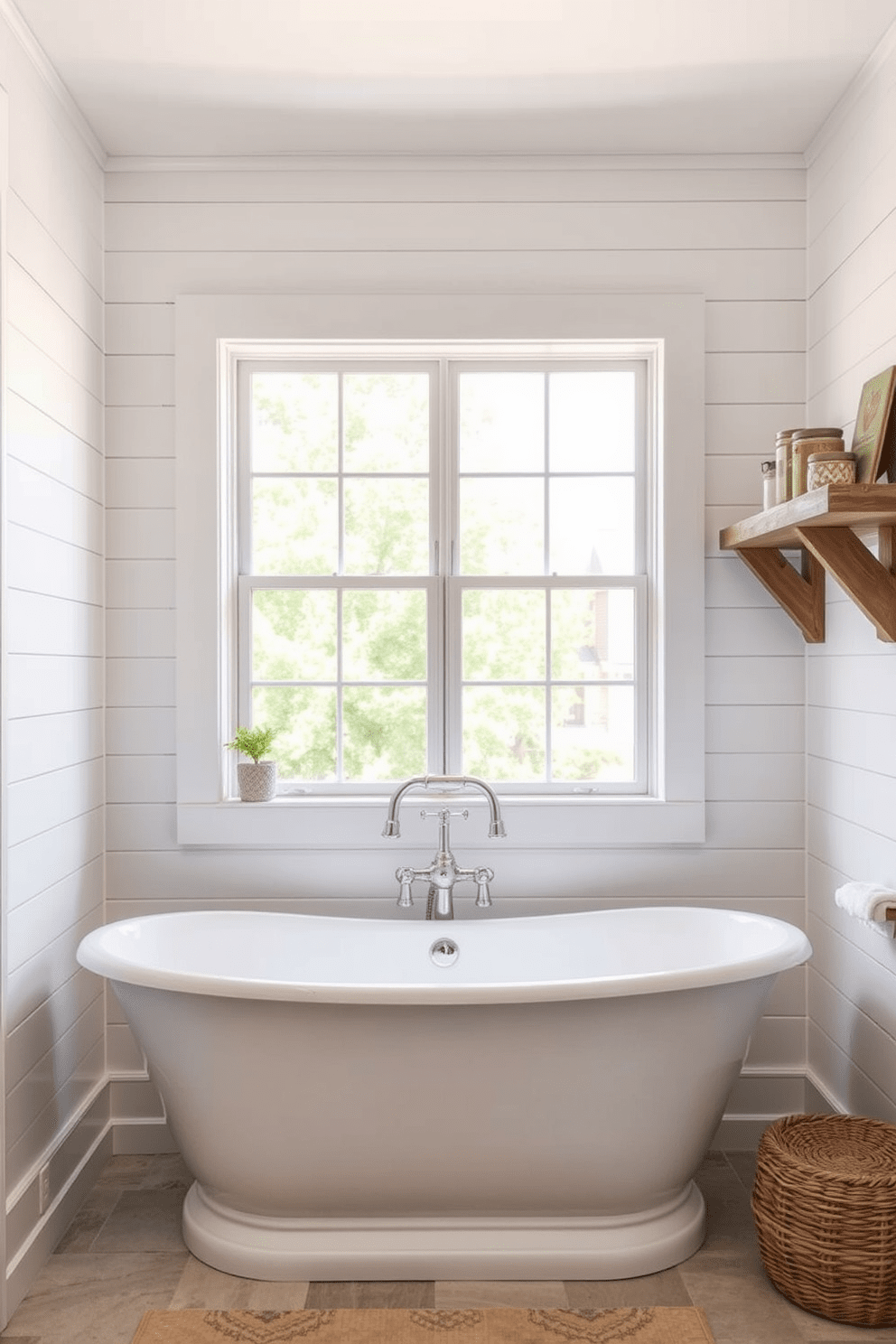 A freestanding soaking tub is positioned elegantly by a large window, allowing natural light to flood the space. The tub features a classic design with a curved silhouette and a polished chrome faucet, enhancing the farmhouse aesthetic. The walls are adorned with shiplap in a soft white finish, creating a cozy and inviting atmosphere. Rustic wood accents, such as a reclaimed wood shelf and woven baskets, add warmth and charm to the bathroom design.