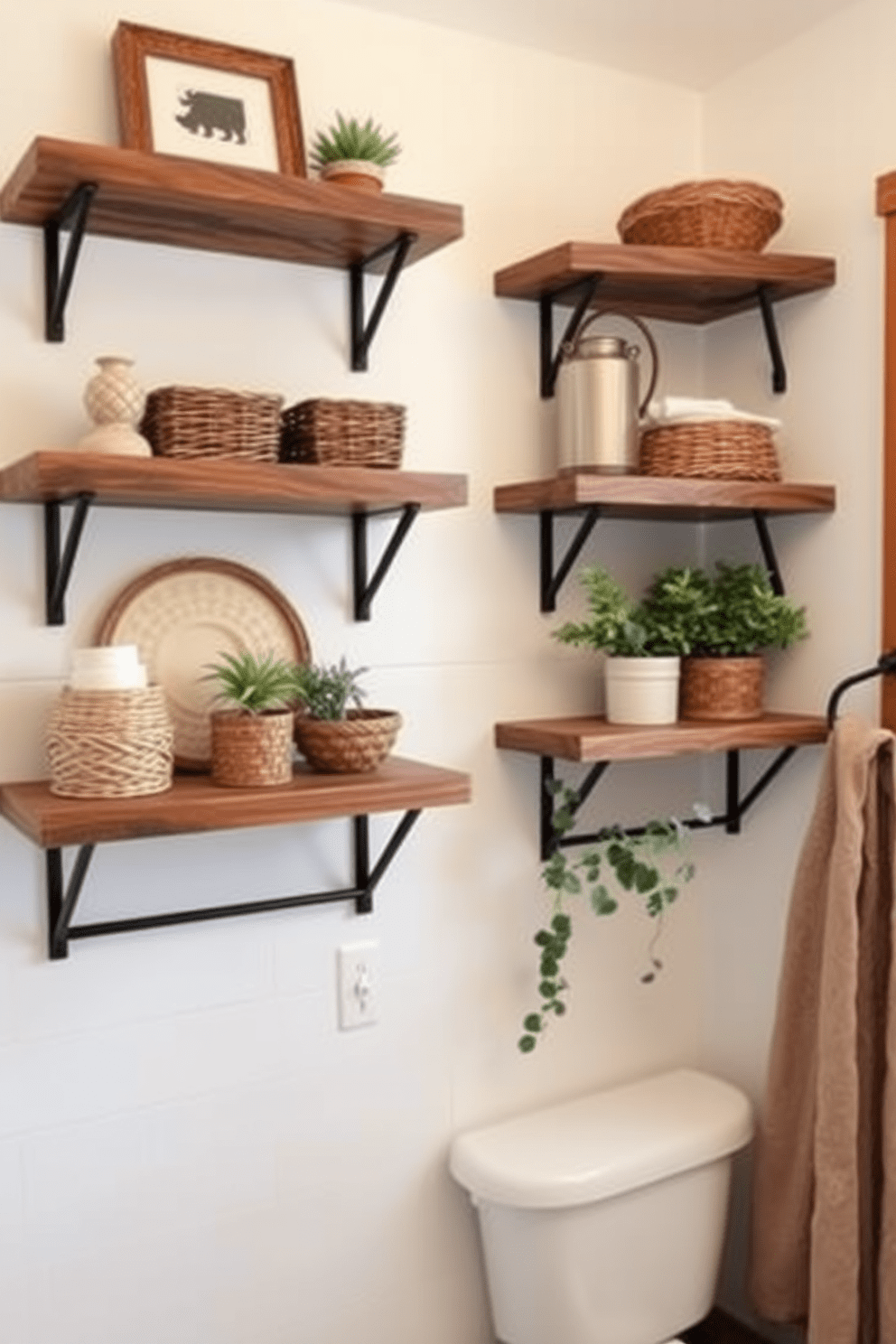 A cozy farmhouse bathroom featuring wall-mounted wooden shelves for decor and storage. The shelves are filled with rustic accents like woven baskets and potted plants, enhancing the warm and inviting atmosphere.