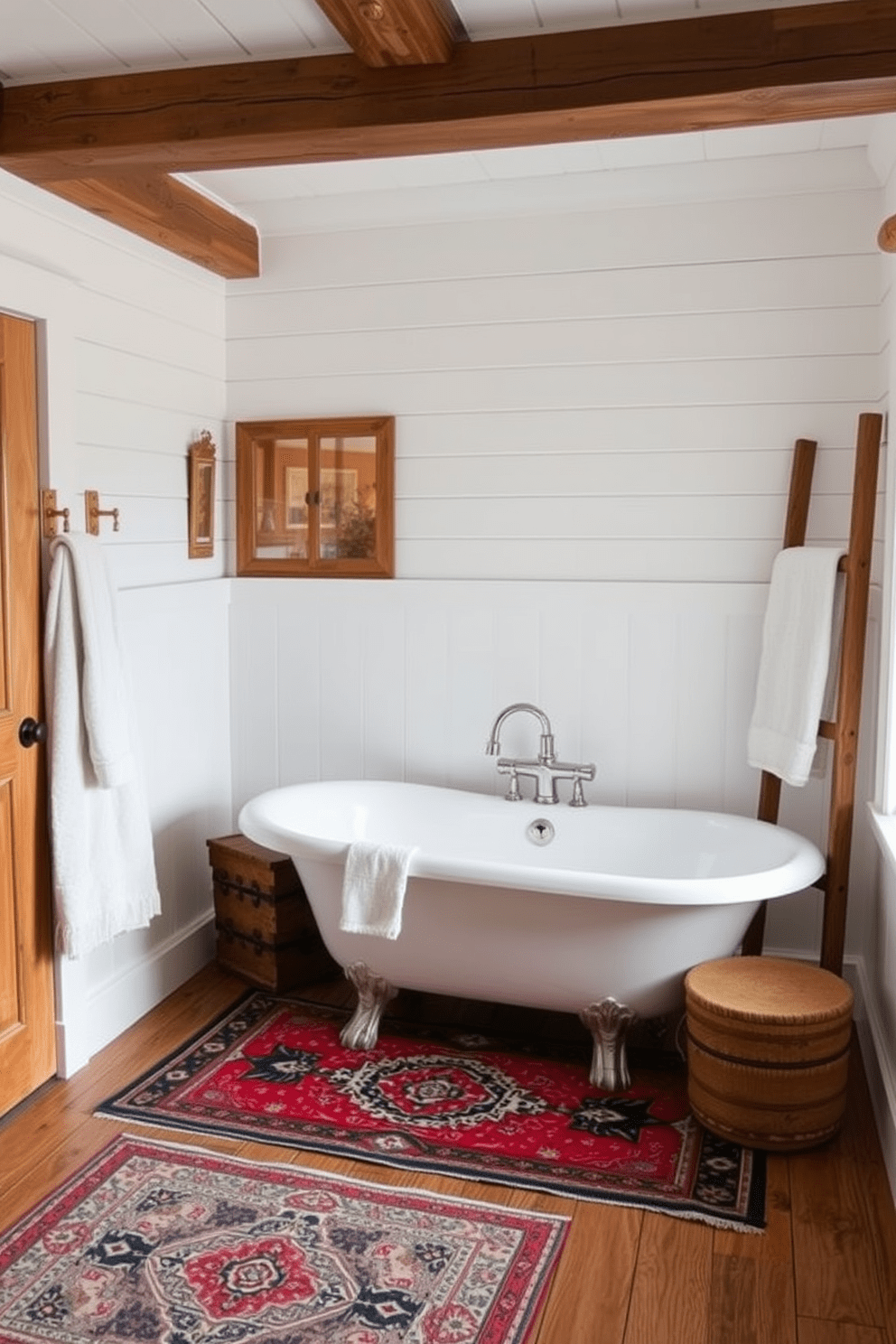 A cozy farmhouse bathroom featuring vintage rugs that add warmth and character to the space. The room includes a freestanding soaking tub surrounded by rustic wooden accents and soft, natural lighting. The walls are painted in a soft white hue, complemented by shiplap details for a classic farmhouse feel. A vintage rug lies beneath the tub, providing comfort and a pop of color, while a wooden ladder displays fluffy towels.