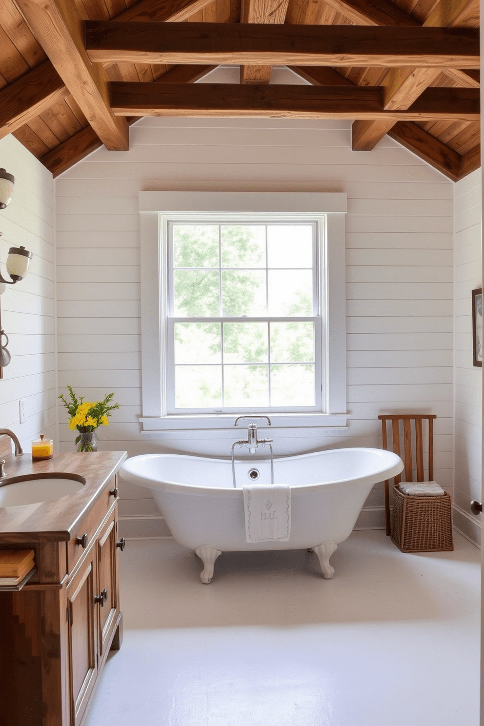 A vintage clawfoot tub serves as the centerpiece of this charming farmhouse bathroom. The tub is elegantly positioned under a large window that allows natural light to flood the space. Rustic wooden beams adorn the ceiling, enhancing the cozy atmosphere. White shiplap walls provide a clean backdrop, complemented by a distressed wooden vanity with a farmhouse sink.