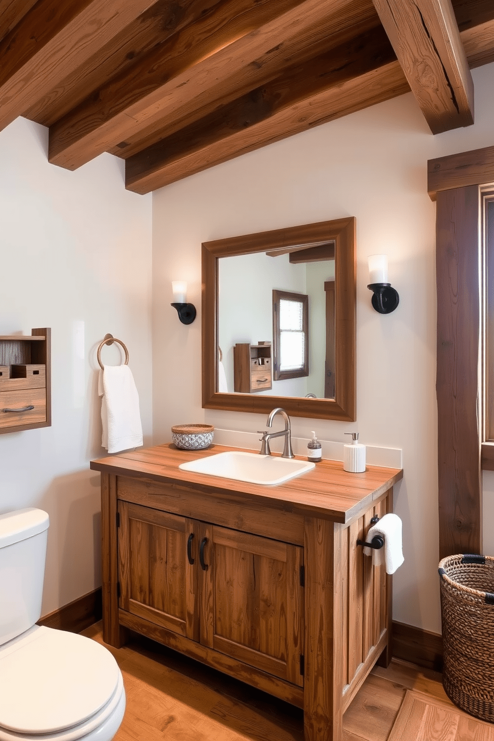 A charming farmhouse bathroom with rustic wood accents. The space features a reclaimed wood vanity with a farmhouse sink and vintage-style fixtures. Exposed wooden beams line the ceiling, enhancing the rustic feel. Soft, neutral colors adorn the walls, complemented by a large, framed mirror above the vanity.