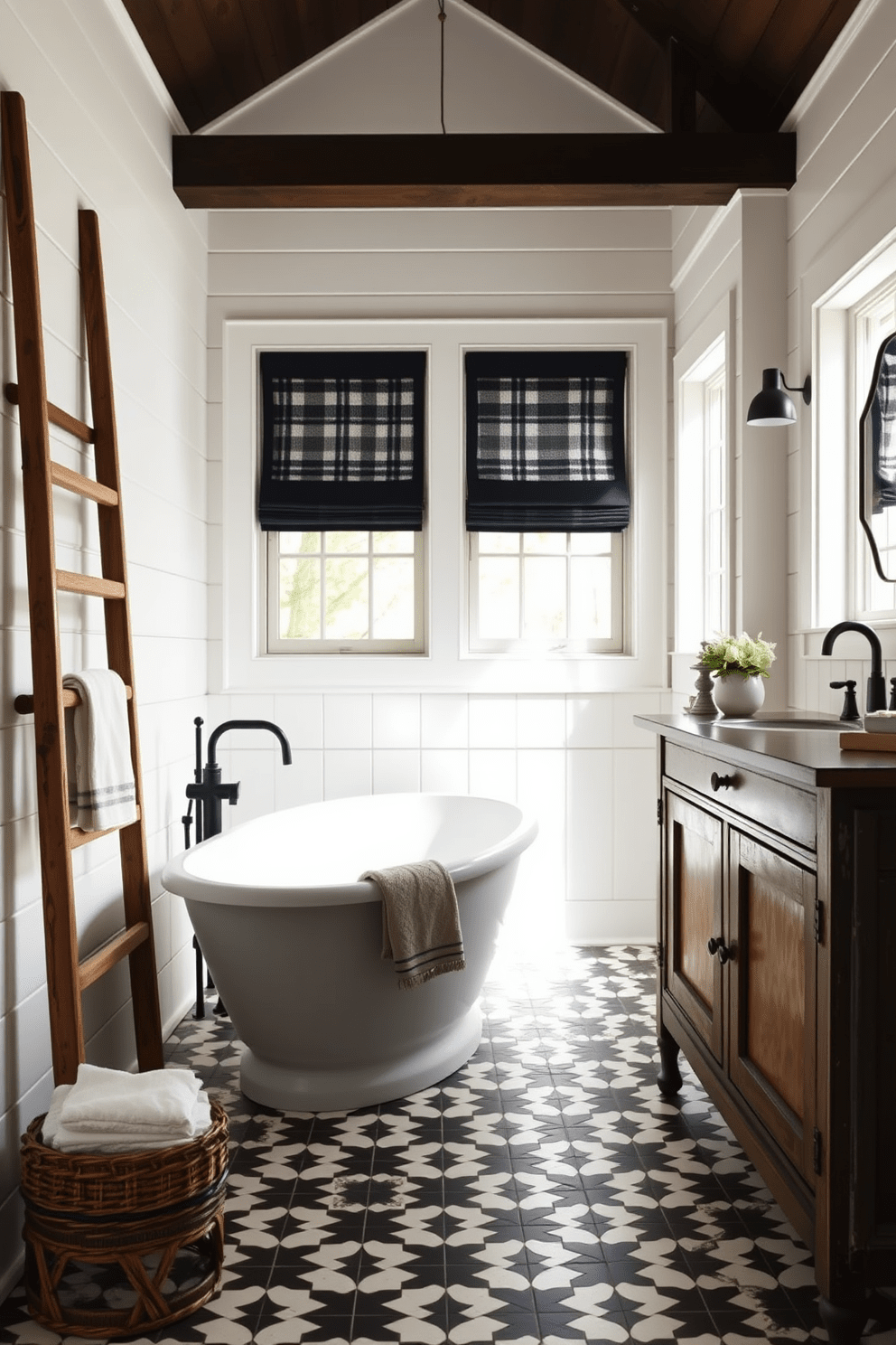 A farmhouse bathroom featuring matte black fixtures that provide a modern contrast. The space includes a freestanding soaking tub with a sleek black faucet and a rustic wooden ladder for towels. The walls are adorned with shiplap in a soft white hue, complemented by a vintage-style vanity with a distressed finish. Natural light floods the room through a large window, highlighting the black and white patterned floor tiles.