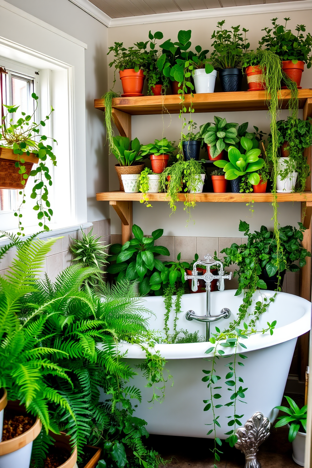 A charming farmhouse bathroom filled with fresh greenery from various potted plants. The space features a vintage clawfoot tub surrounded by lush ferns and succulents, creating a serene oasis. Rustic wooden shelves display an assortment of potted herbs and trailing vines, enhancing the cozy atmosphere. Soft, neutral tones on the walls complement the natural wood finishes and the vibrant greens of the plants.