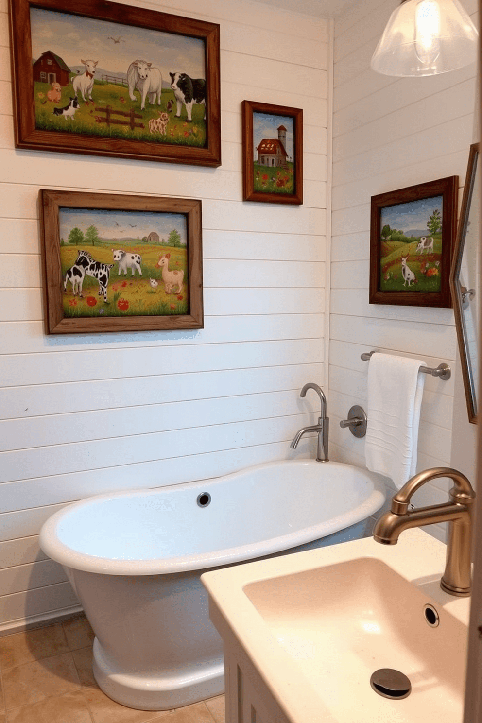 Whimsical wall art features vibrant scenes of farm life, including playful animals and rustic landscapes that evoke a sense of nostalgia. The artwork is framed in distressed wood, adding to the charming farmhouse aesthetic. The bathroom showcases a freestanding soaking tub, surrounded by shiplap walls painted in soft white. Vintage-inspired fixtures in brushed nickel complement the farmhouse sink with a farmhouse-style faucet.