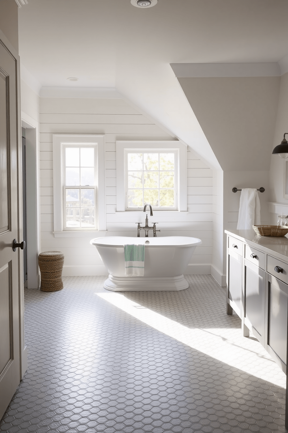 A farmhouse bathroom featuring hexagon tile flooring that adds unique texture to the space. The walls are clad in shiplap, and a freestanding soaking tub is positioned by a window with natural light streaming in.