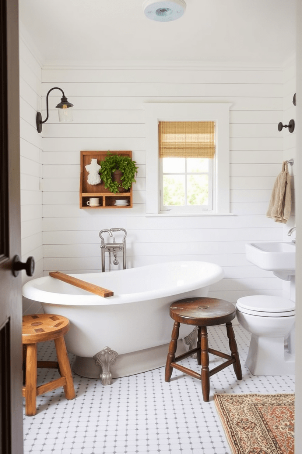 A charming farmhouse bathroom featuring a rustic wooden stool for added seating. The space is adorned with shiplap walls, a freestanding soaking tub, and vintage fixtures that enhance the cozy atmosphere.