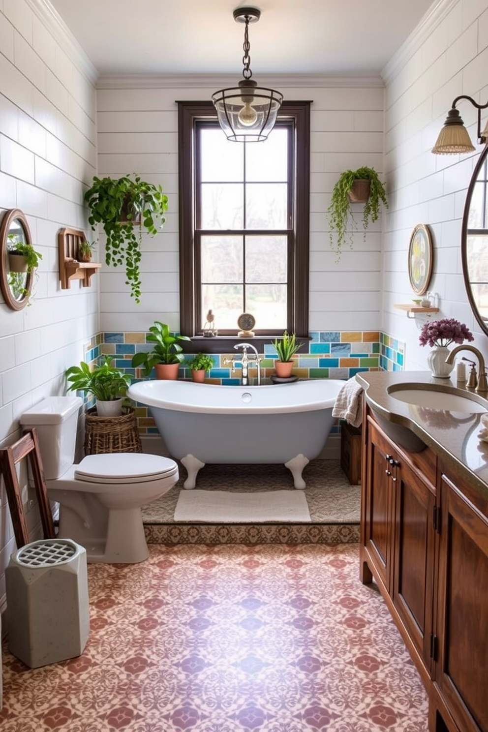 A charming farmhouse bathroom featuring colorful accent tiles that bring visual interest to the space. The walls are adorned with shiplap, and a freestanding tub sits under a large window, surrounded by potted plants and rustic decor. The floor showcases a mix of patterned tiles that complement the vibrant accents, creating a warm and inviting atmosphere. Vintage-inspired fixtures, including a farmhouse sink and a wooden vanity, enhance the overall aesthetic while providing functionality.