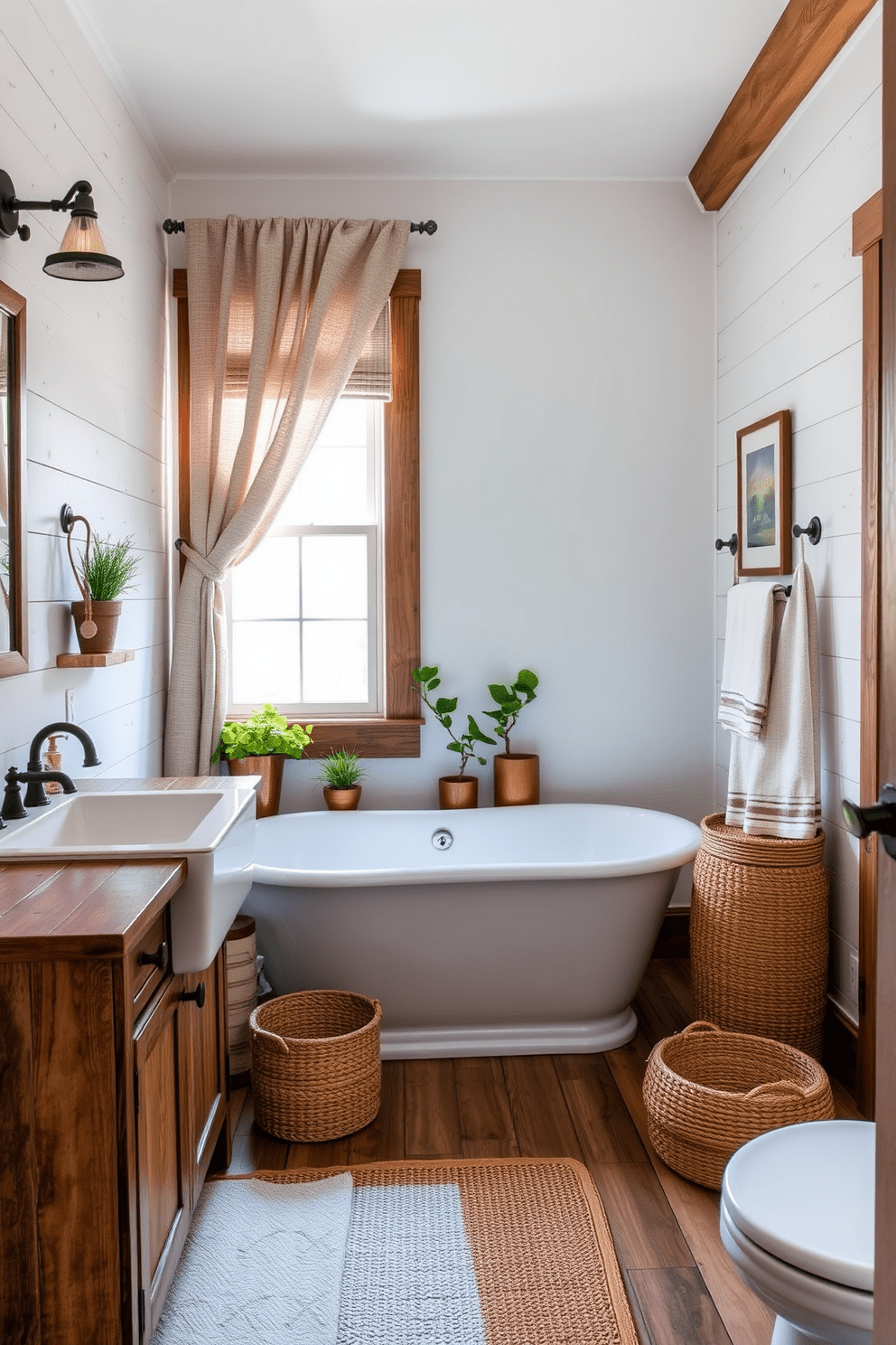 A charming farmhouse bathroom featuring reclaimed wood accents throughout the space. The vanity is constructed from weathered wood, complemented by a large farmhouse sink and vintage-style fixtures. The walls are adorned with shiplap, painted in a soft white hue to enhance the rustic feel. A freestanding bathtub sits beneath a window, with natural light streaming in and illuminating the room. Textured linen curtains frame the window, adding warmth and softness to the design. Decorative elements include potted plants and woven baskets for storage, creating a cozy and inviting atmosphere.