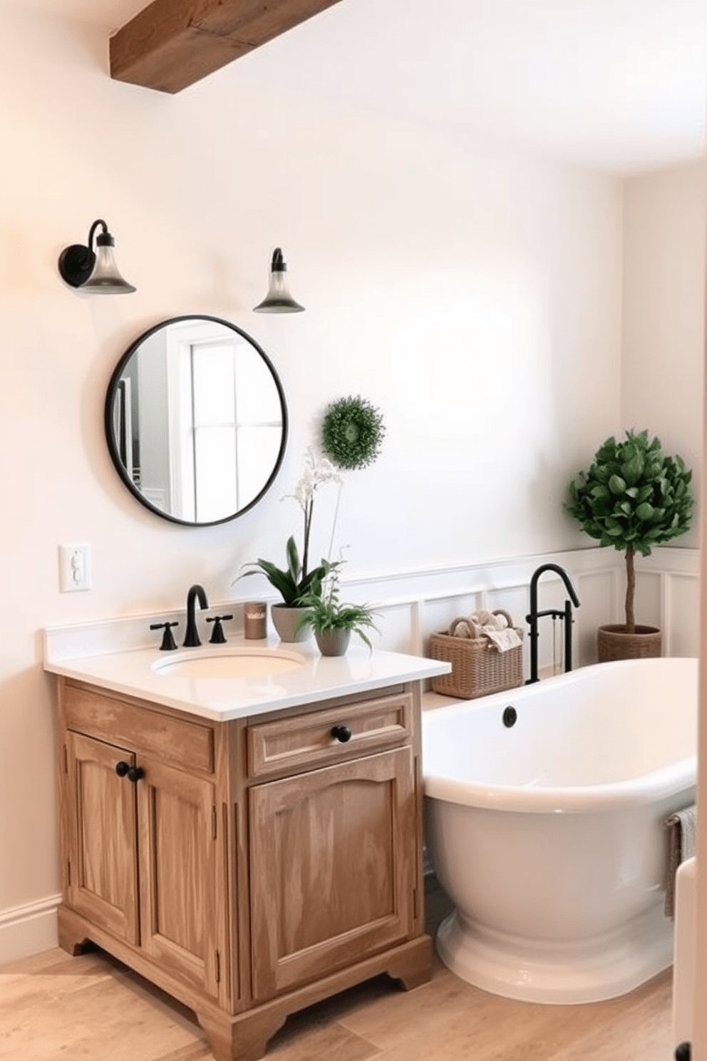 A charming farmhouse bathroom featuring a spacious double vanity with a distressed wood finish and a white quartz countertop. Above the vanity, two round mirrors with black metal frames are complemented by rustic sconces that provide warm lighting. The walls are painted in a soft cream color, enhancing the cozy atmosphere of the space. A large freestanding bathtub sits in the corner, surrounded by potted greenery and a woven basket filled with plush towels.