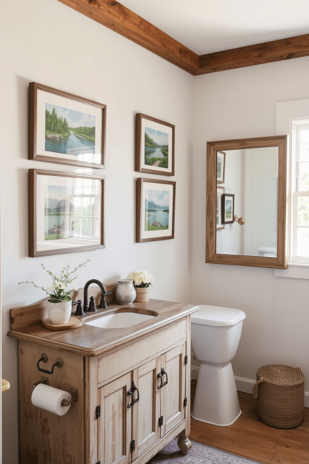 Framed artwork depicting serene nature scenes adorns the walls of the farmhouse bathroom, creating a calming atmosphere. The artwork features lush landscapes and tranquil waters, enhancing the rustic charm of the space. The bathroom showcases a vintage wooden vanity with a distressed finish, complemented by a farmhouse-style sink. Soft, neutral tones dominate the decor, while a large mirror with a rustic frame reflects the natural light streaming in from a nearby window.