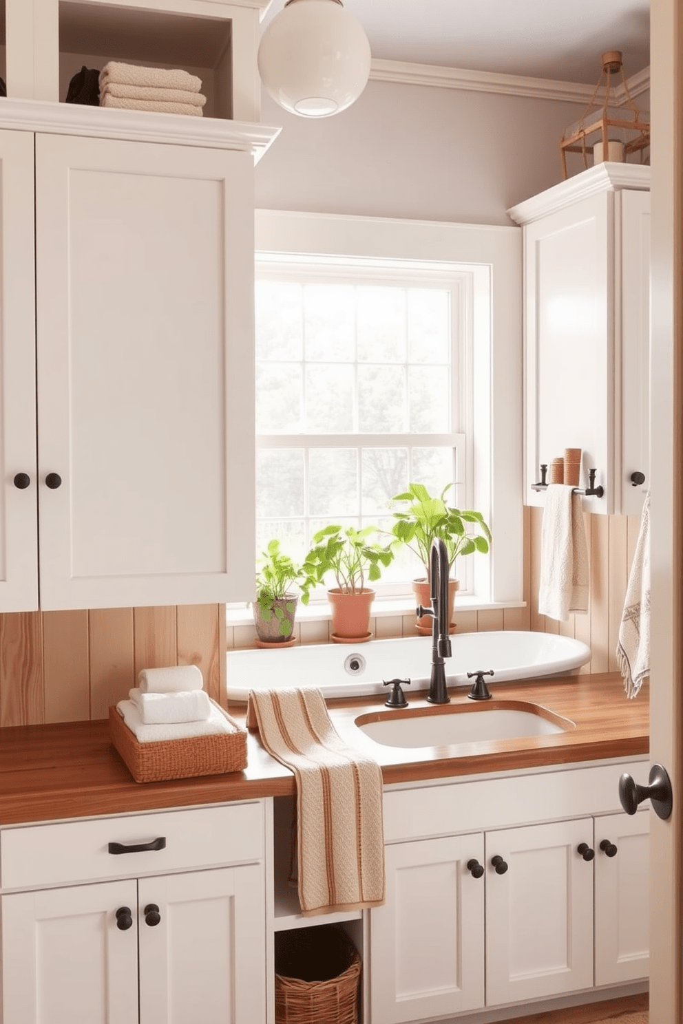 Shaker style cabinetry with open shelves creates a warm and inviting atmosphere in the farmhouse bathroom. The cabinetry features a crisp white finish, complemented by natural wood accents and vintage hardware. Open shelves above the sink display neatly folded towels and rustic decor items. A freestanding soaking tub sits beneath a window, surrounded by potted plants for a touch of greenery.