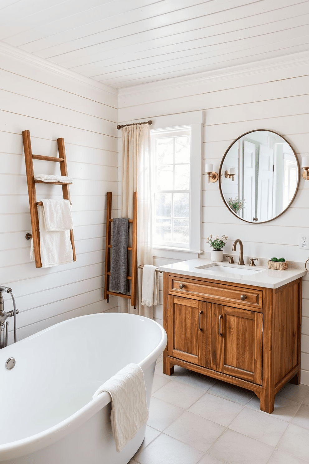 A classic farmhouse bathroom featuring shiplap walls painted in a soft white color. The space includes a freestanding soaking tub with vintage-style fixtures and a rustic wooden ladder for towels. Natural light floods the room through a large window adorned with sheer linen curtains. A wooden vanity with a farmhouse sink is complemented by antique brass hardware and a large round mirror above it.