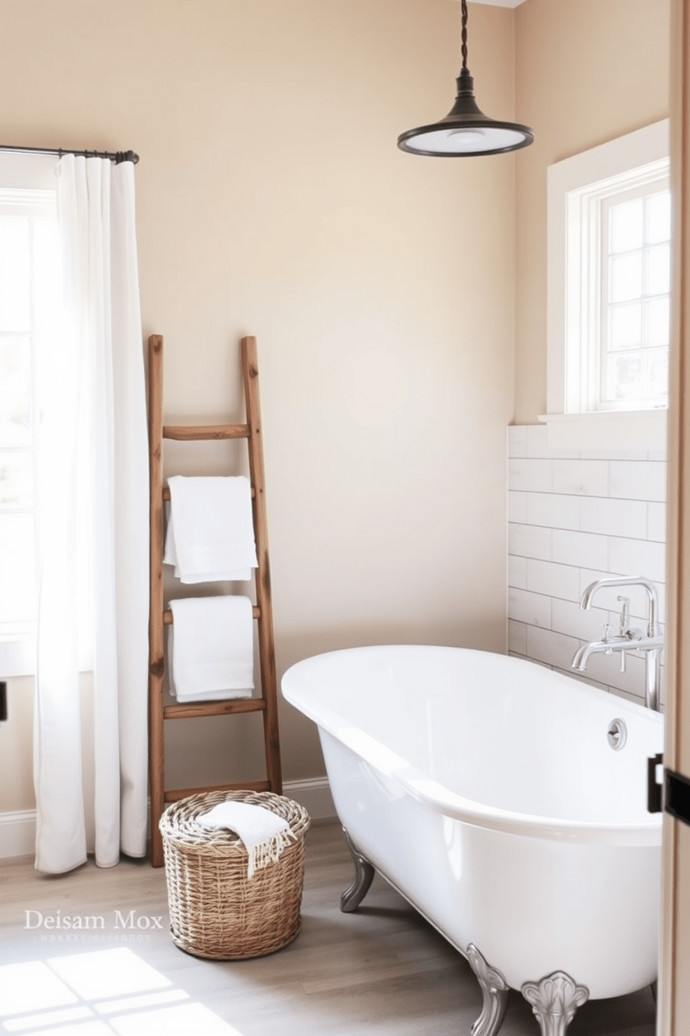 A serene farmhouse bathroom featuring a neutral color palette with soft textures. The walls are painted in a warm beige, complemented by a shiplap accent wall behind a freestanding tub. Natural light pours in through a large window adorned with sheer white curtains. A rustic wooden ladder leans against the wall, holding fluffy white towels and adding a touch of charm.