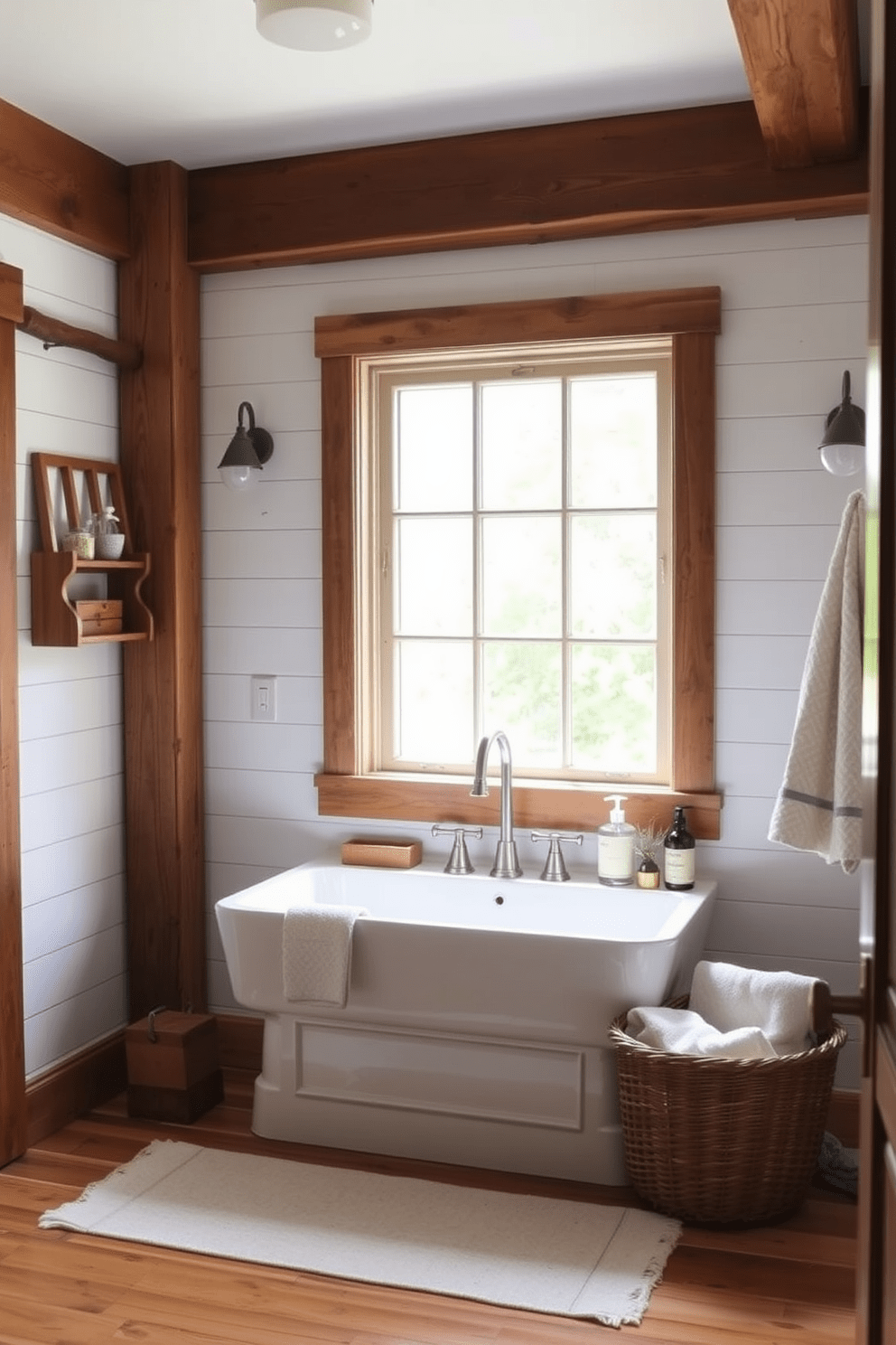 A charming farmhouse bathroom featuring a large farmhouse sink with a polished nickel faucet. The space is adorned with rustic wooden accents and white shiplap walls, creating a warm and inviting atmosphere. Natural light floods the room through a large window, illuminating the vintage-inspired decor. A woven basket sits beside the sink, filled with soft towels and essential toiletries for a cozy touch.